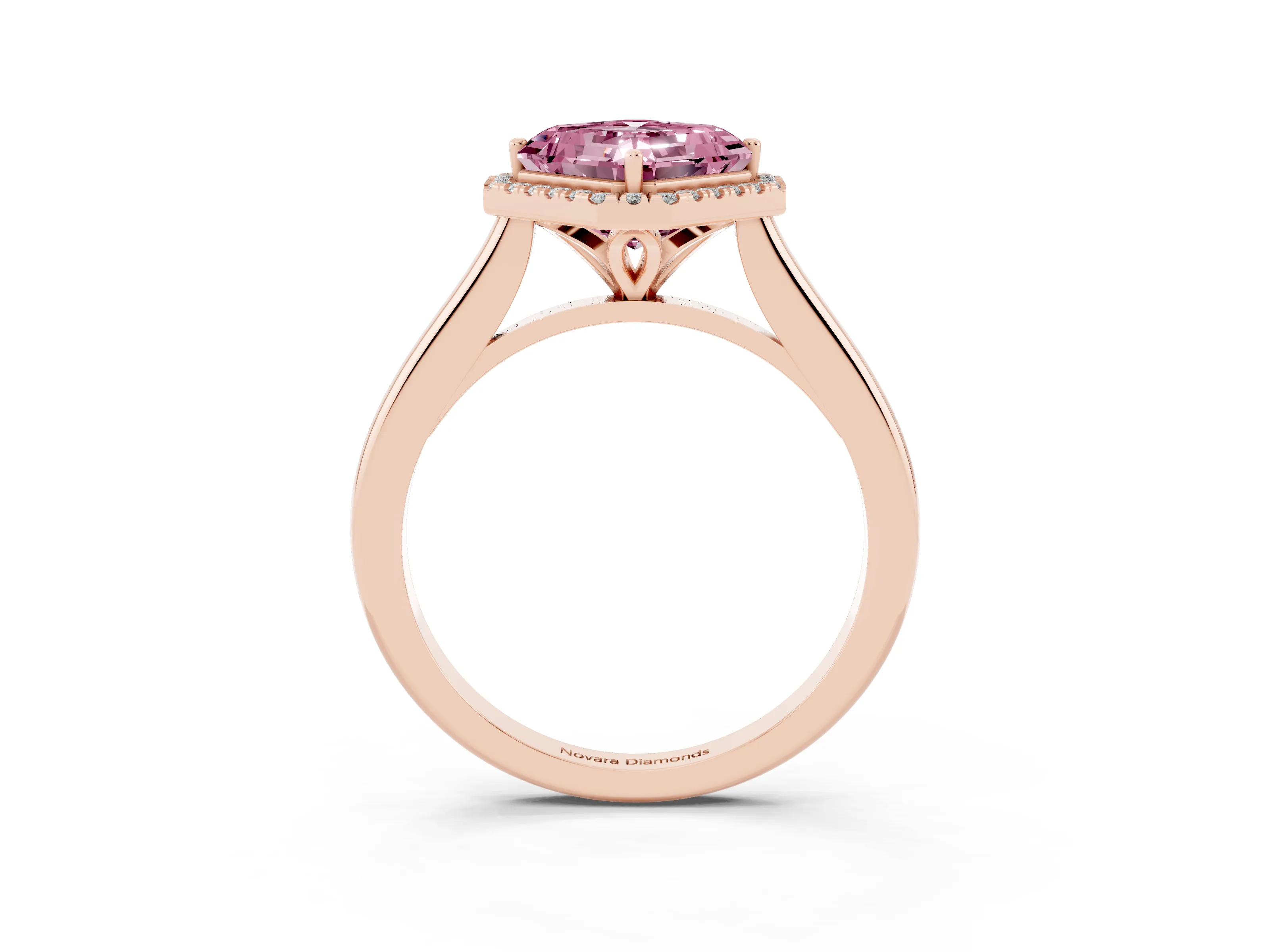 Fancy Pink Asscher Cut Diamond Halo Engagement Ring Set in Rose gold with Pavé Band and Rising Shoulders