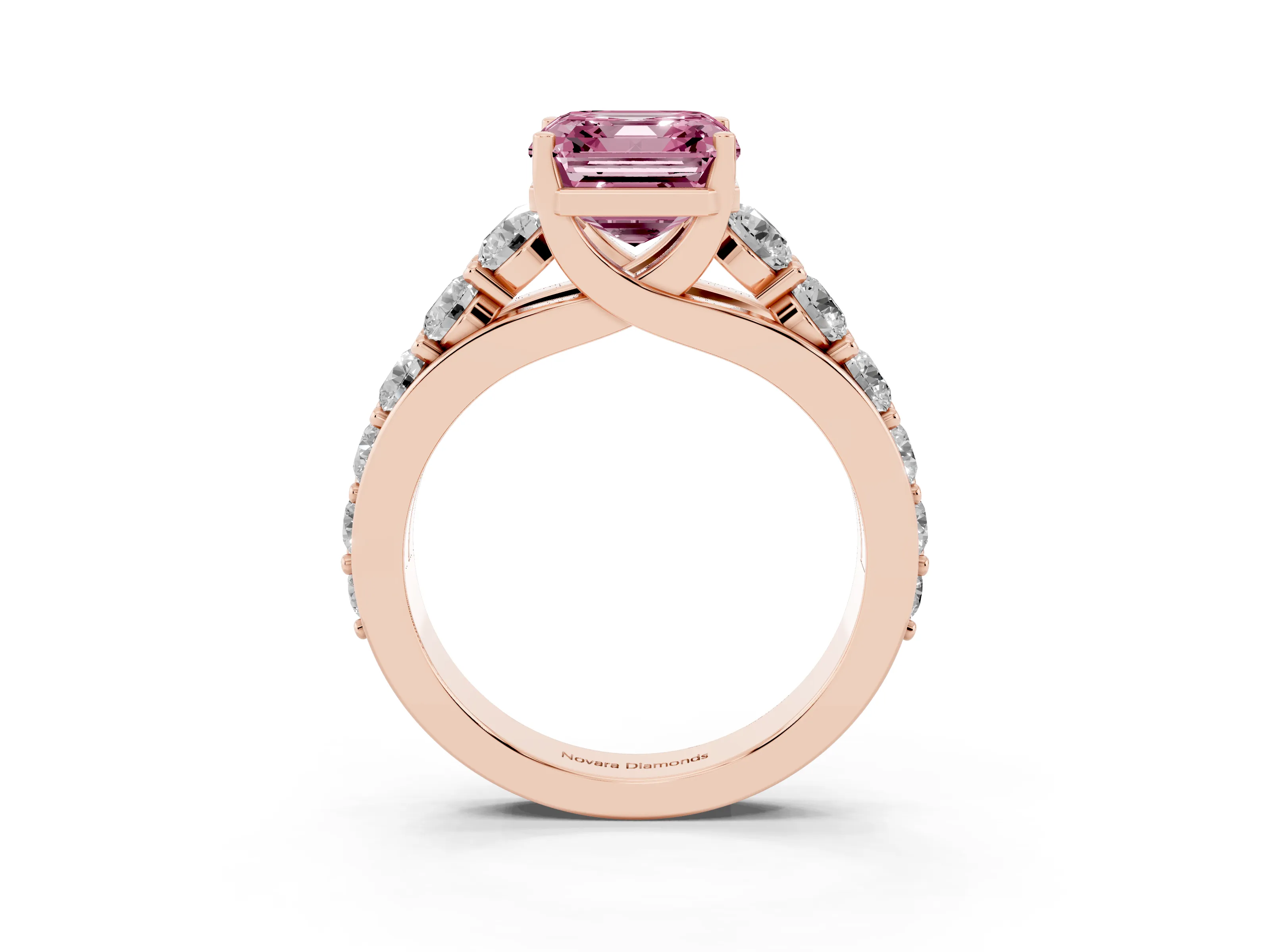 Fancy Pink Asscher Cut Diamond Pavé Engagement Ring Set in Rose gold with Prong Setting