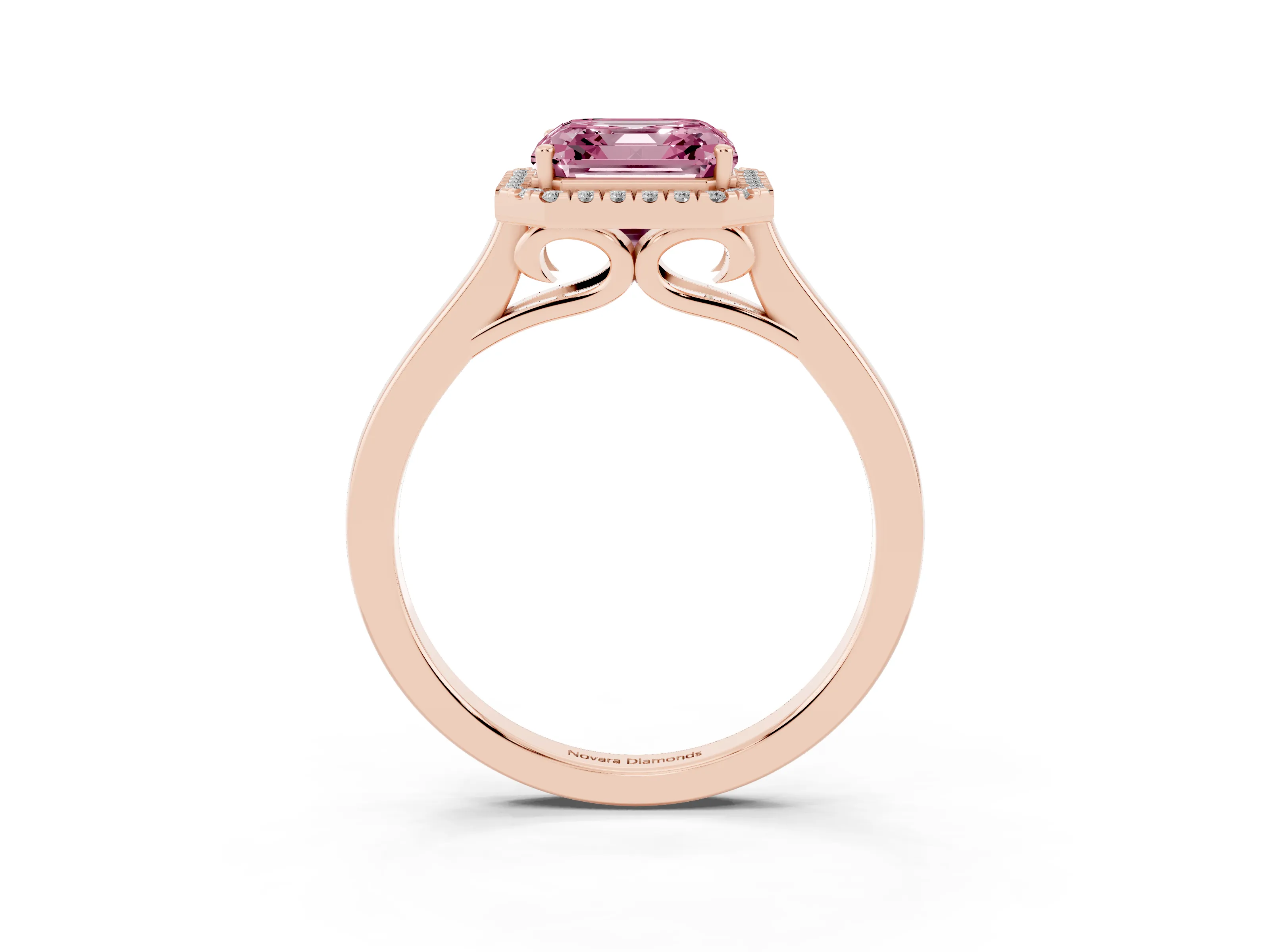 Fancy Pink Asscher Cut Halo Round Diamond Solitaire Ring Set in Rose gold with Pavé Band and Prong Setting