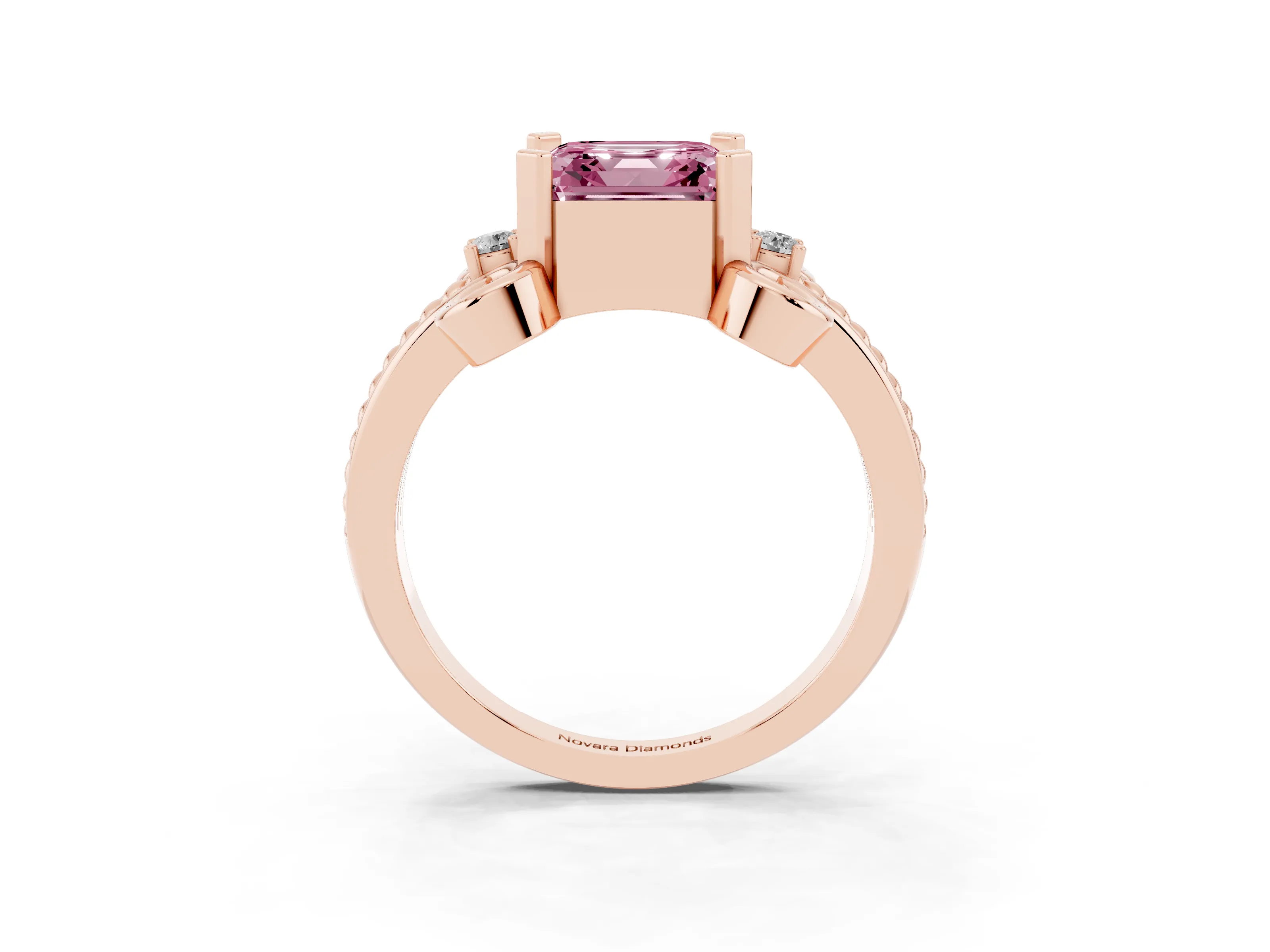 Fancy Pink Asscher Cut Diamond Twisted Band Solitaire Ring Set in Rose gold with Scroll Prongs