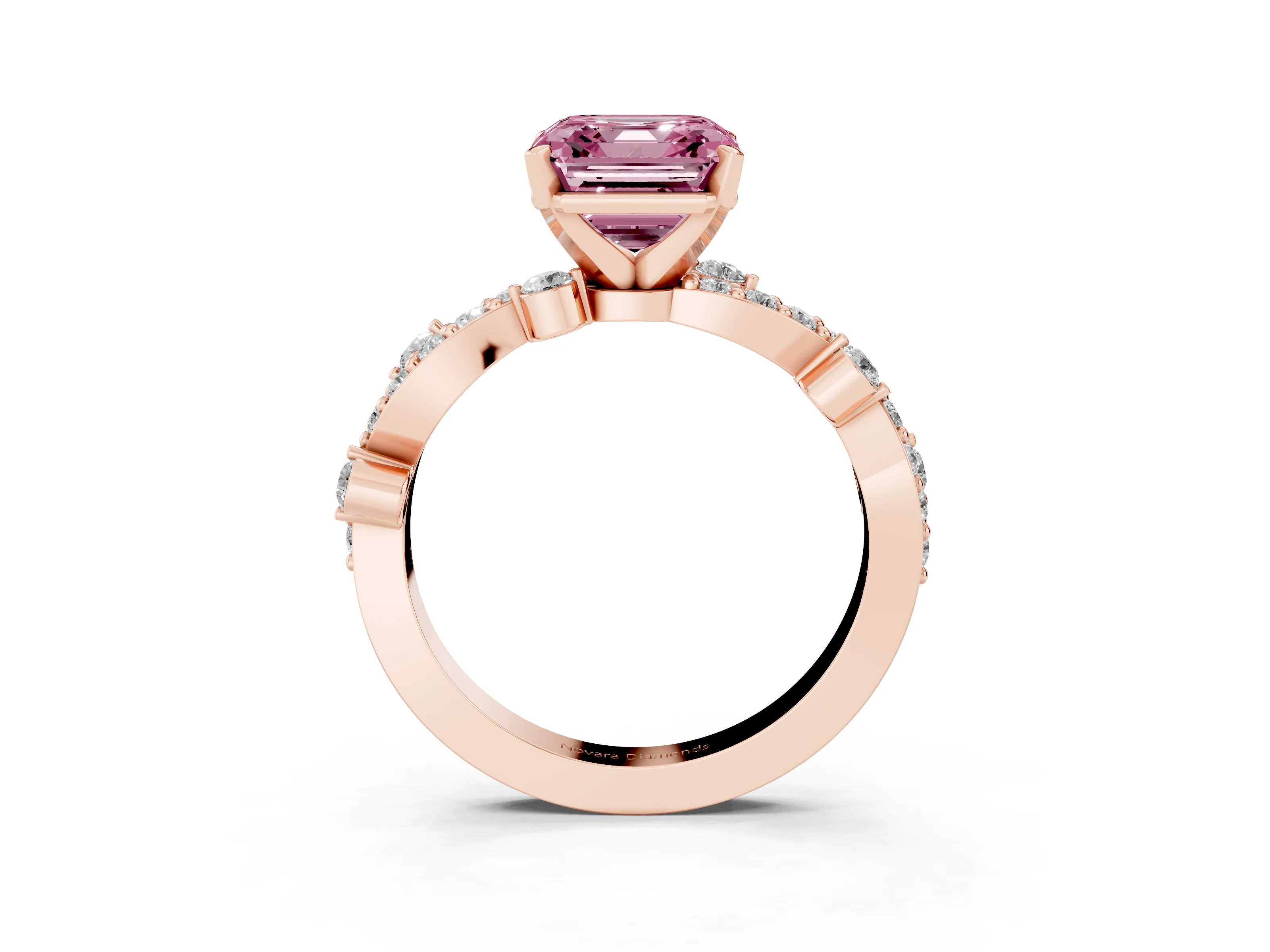 Fancy Pink Asscher Cut Diamond Solitaire Twisted Band Set in Rose gold with Pavé Setting