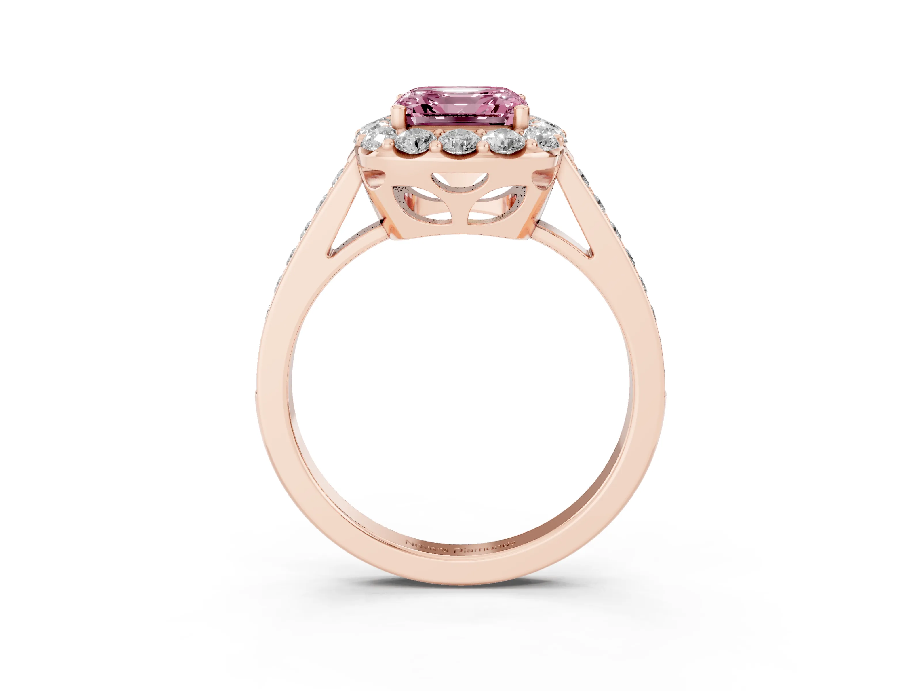 Fancy Pink Asscher Cut Diamond Floral Halo Ring Set in Rose gold with Pavé Band and Prong Setting