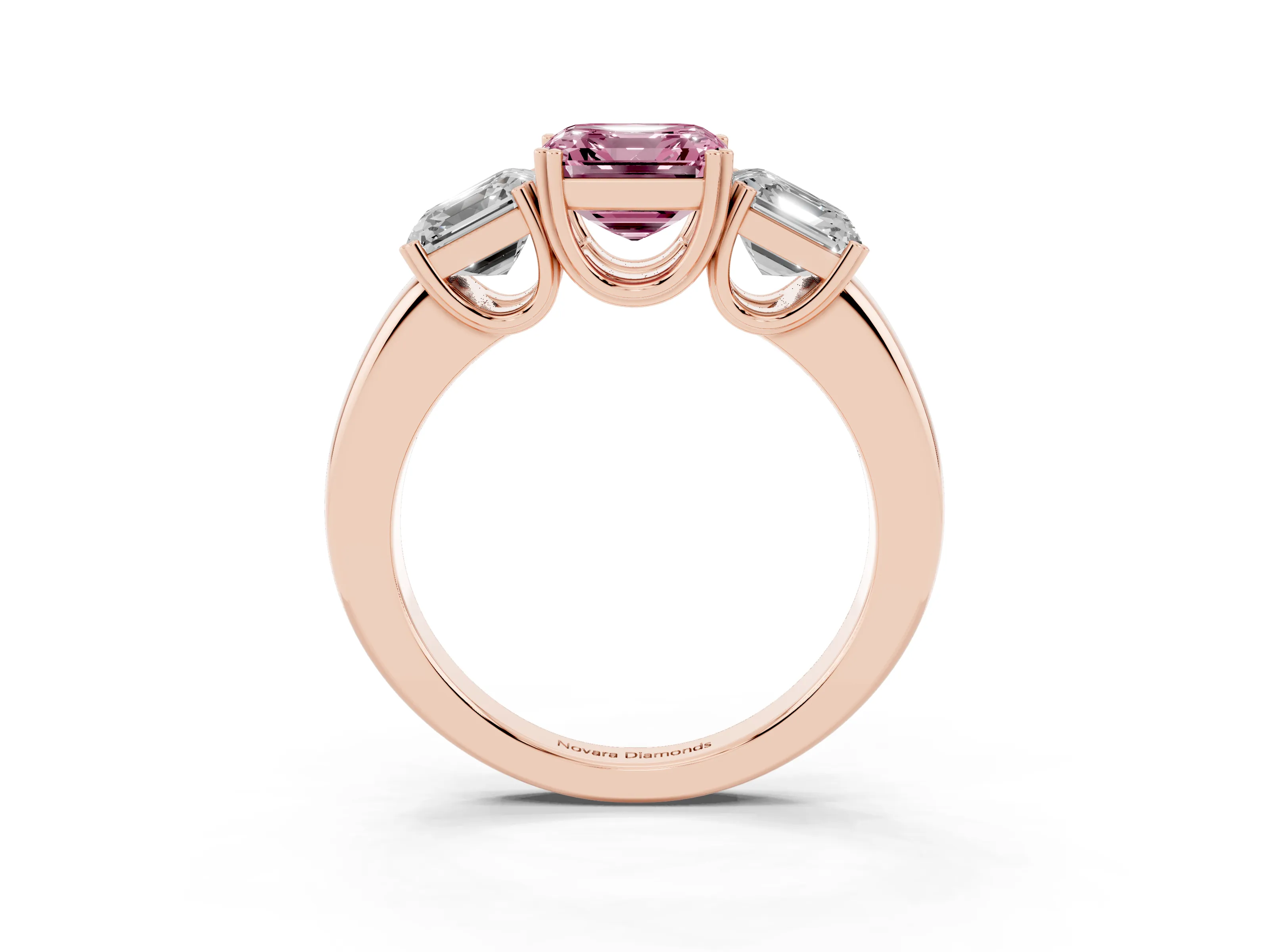 Fancy Pink Asscher Cut Diamond Three-Stone Ring Set in Rose gold with Polished Band and Prong Setting