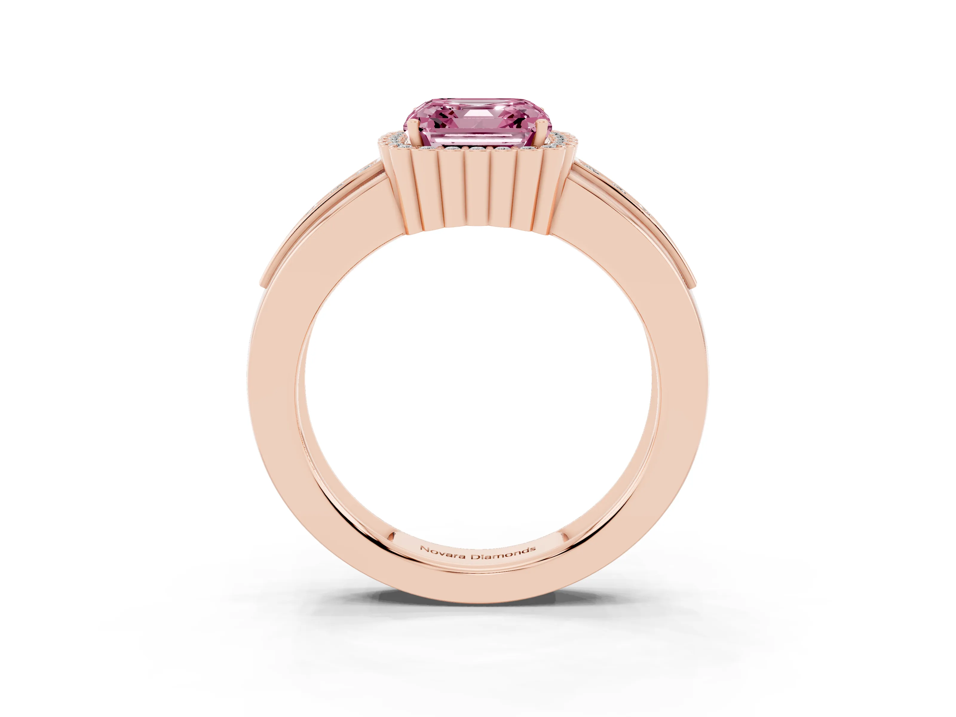 Fancy Pink Asscher Cut Diamond Halo Prong Ring Set in Rose gold with Pavé Band