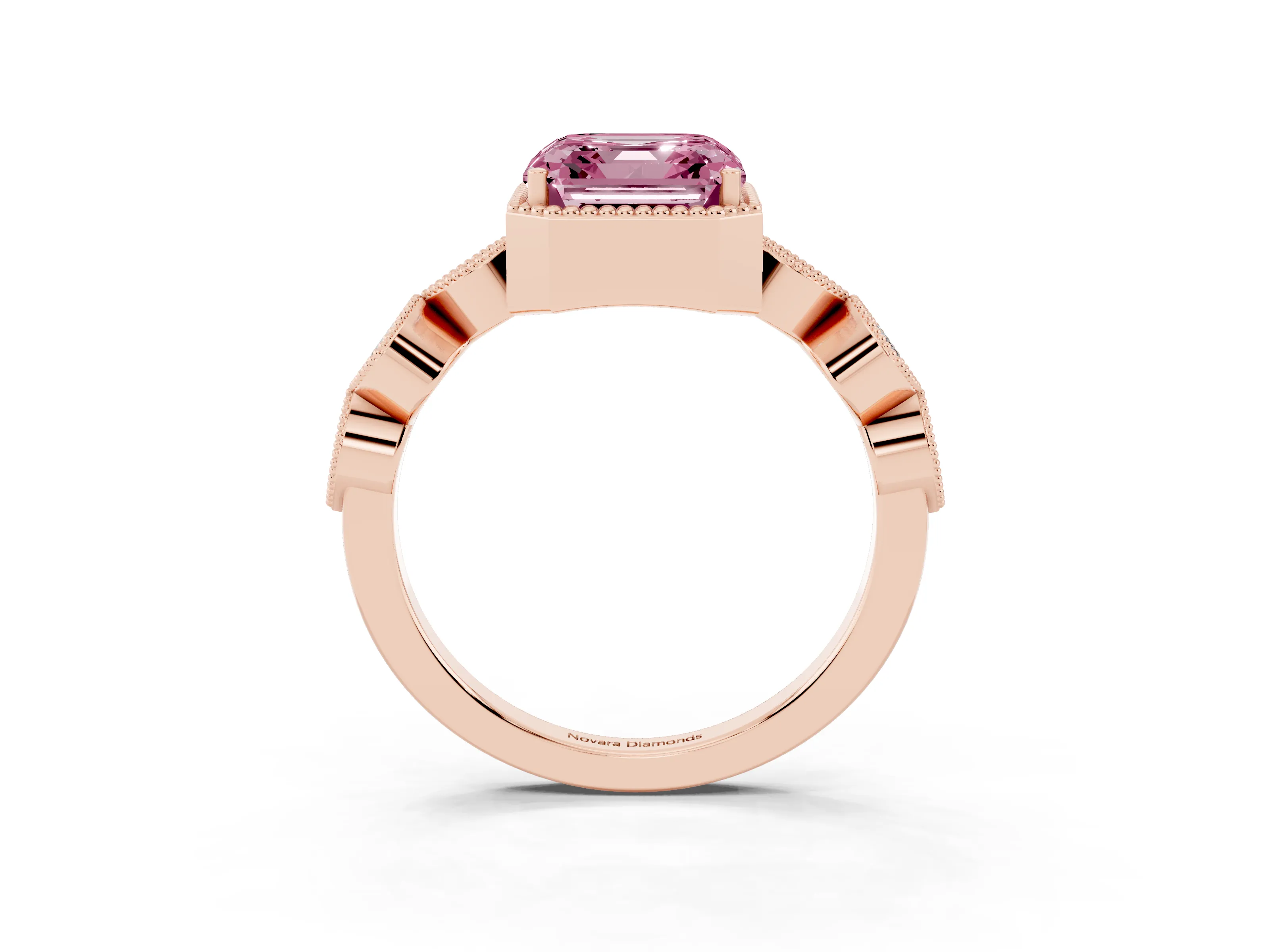Fancy Pink Asscher Cut Diamond Vintage-Inspired Milgrain Ring Set in Rose gold with Marquise Stations of Round Accents