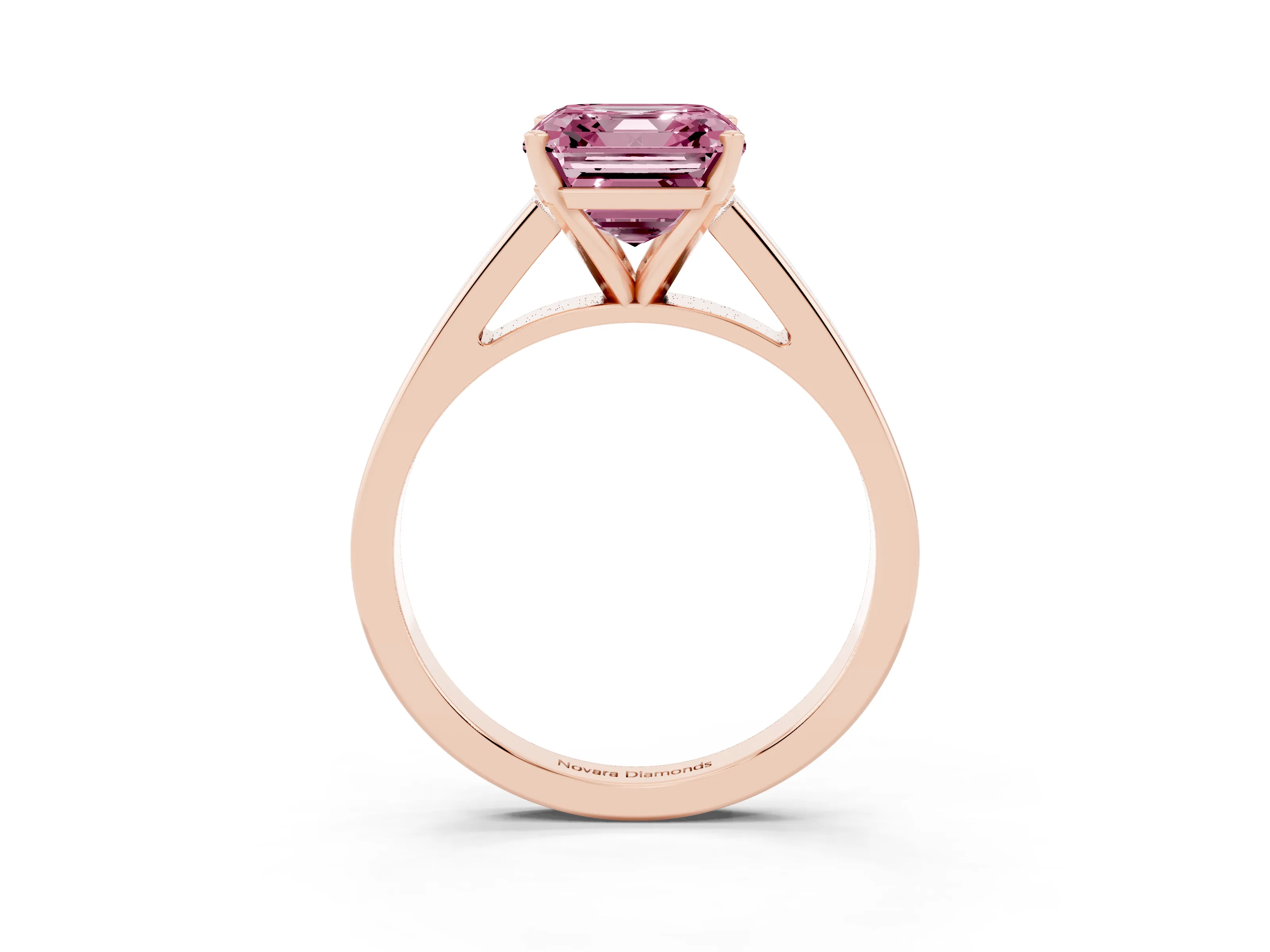 Fancy Pink Asscher Cut Diamond Solitaire Engagement Ring Set in Rose gold with Prong Setting and Tapered Band