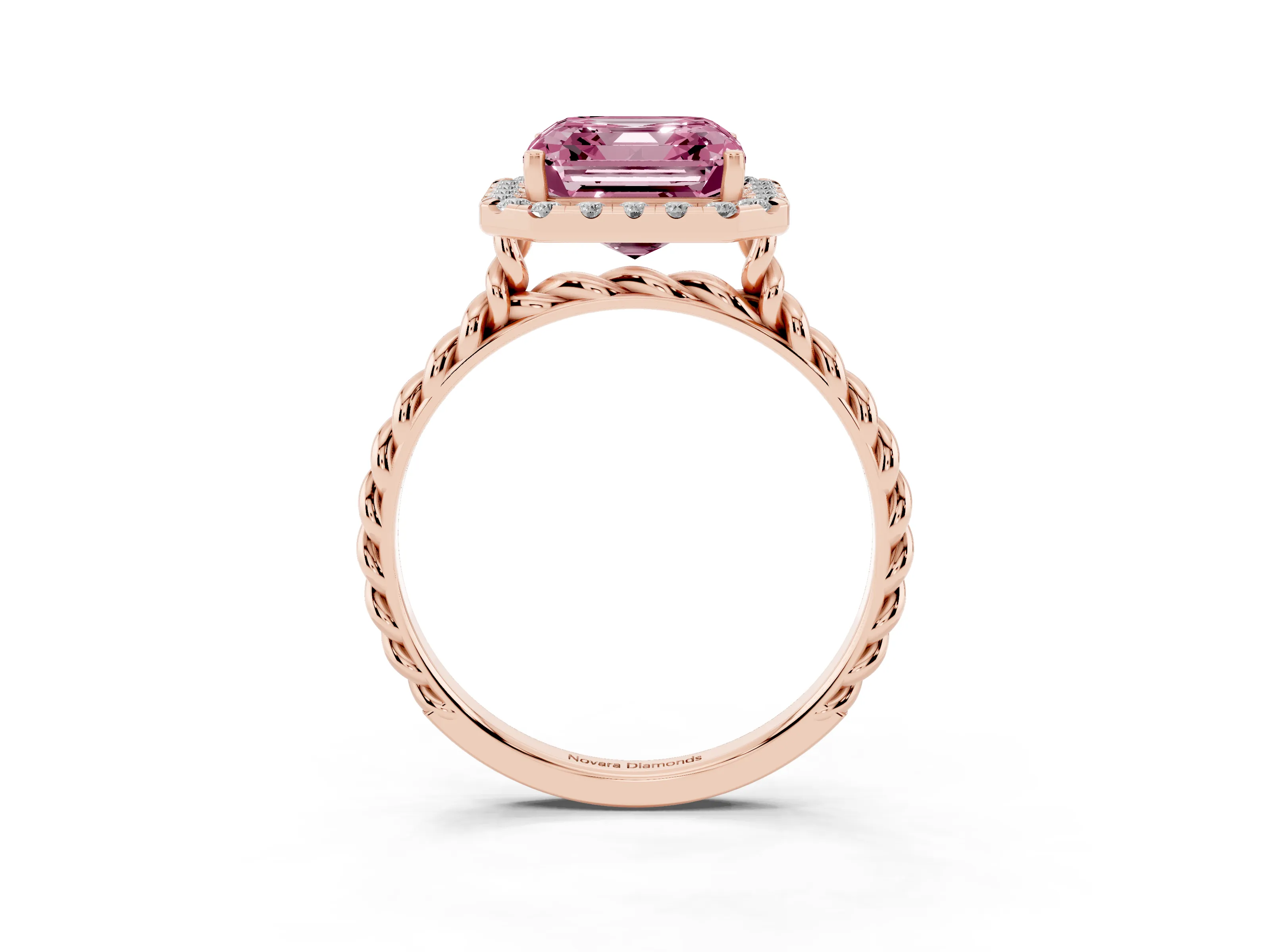 Fancy Pink Asscher Cut Diamond Halo Ring Set in Rose gold with Plain Twisted Band