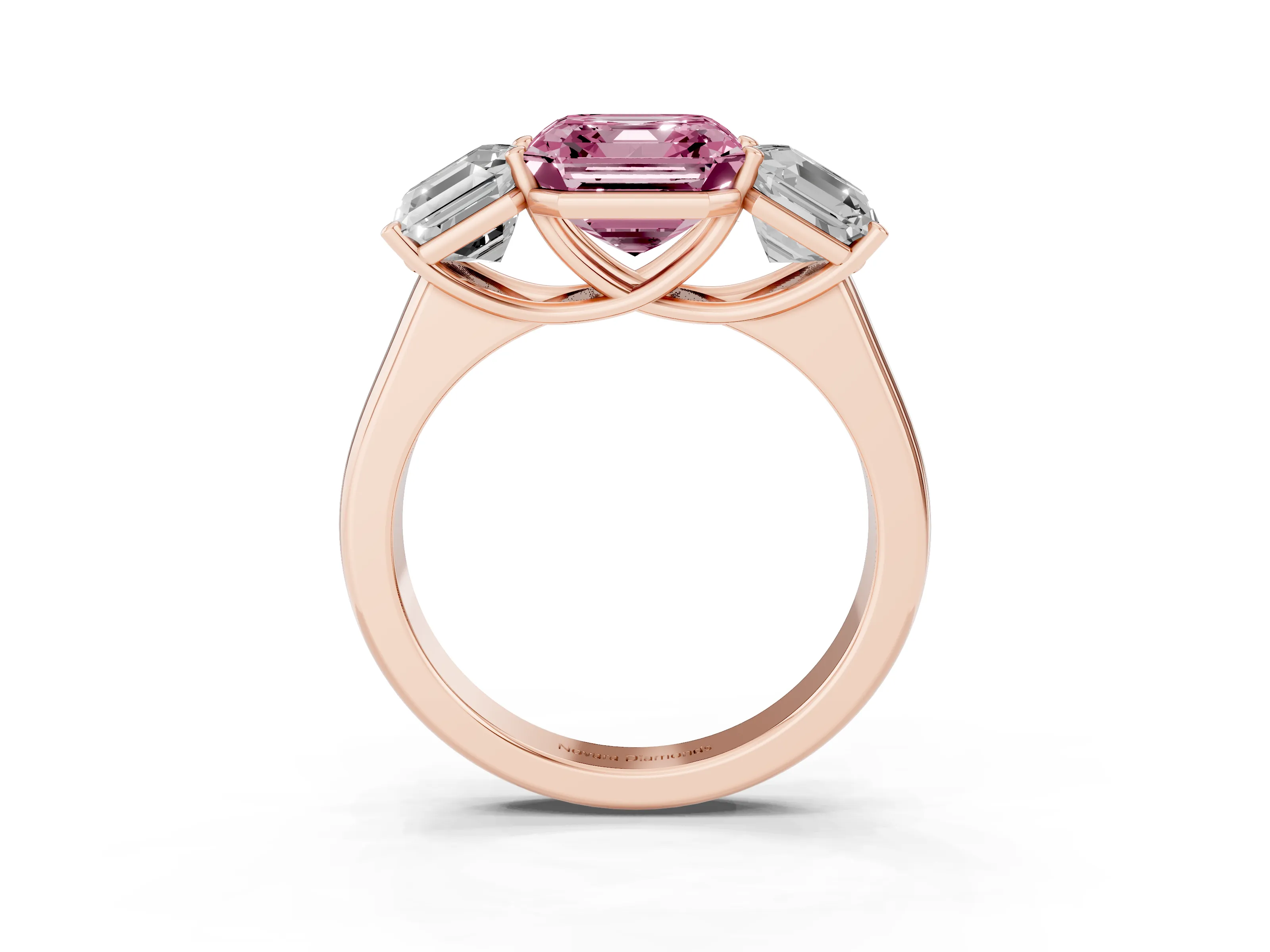 Fancy Pink Asscher Cut Diamond Three-Stone Ring Set in Rose gold with Plain Polished Band