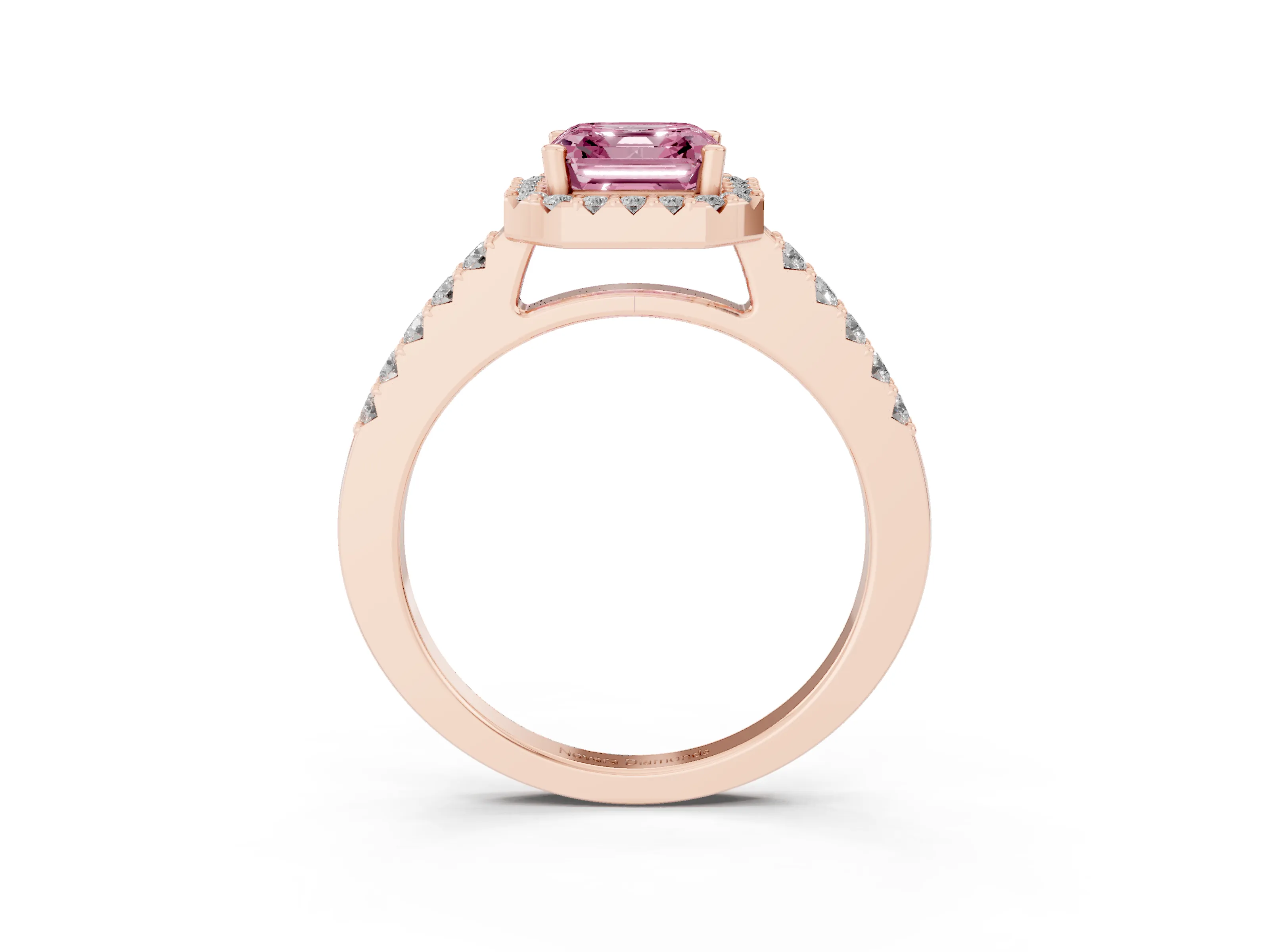 Fancy Pink Asscher Cut Diamond Halo Pavé Solitaire Ring Set in Rose gold with Prong-Set Center Stone