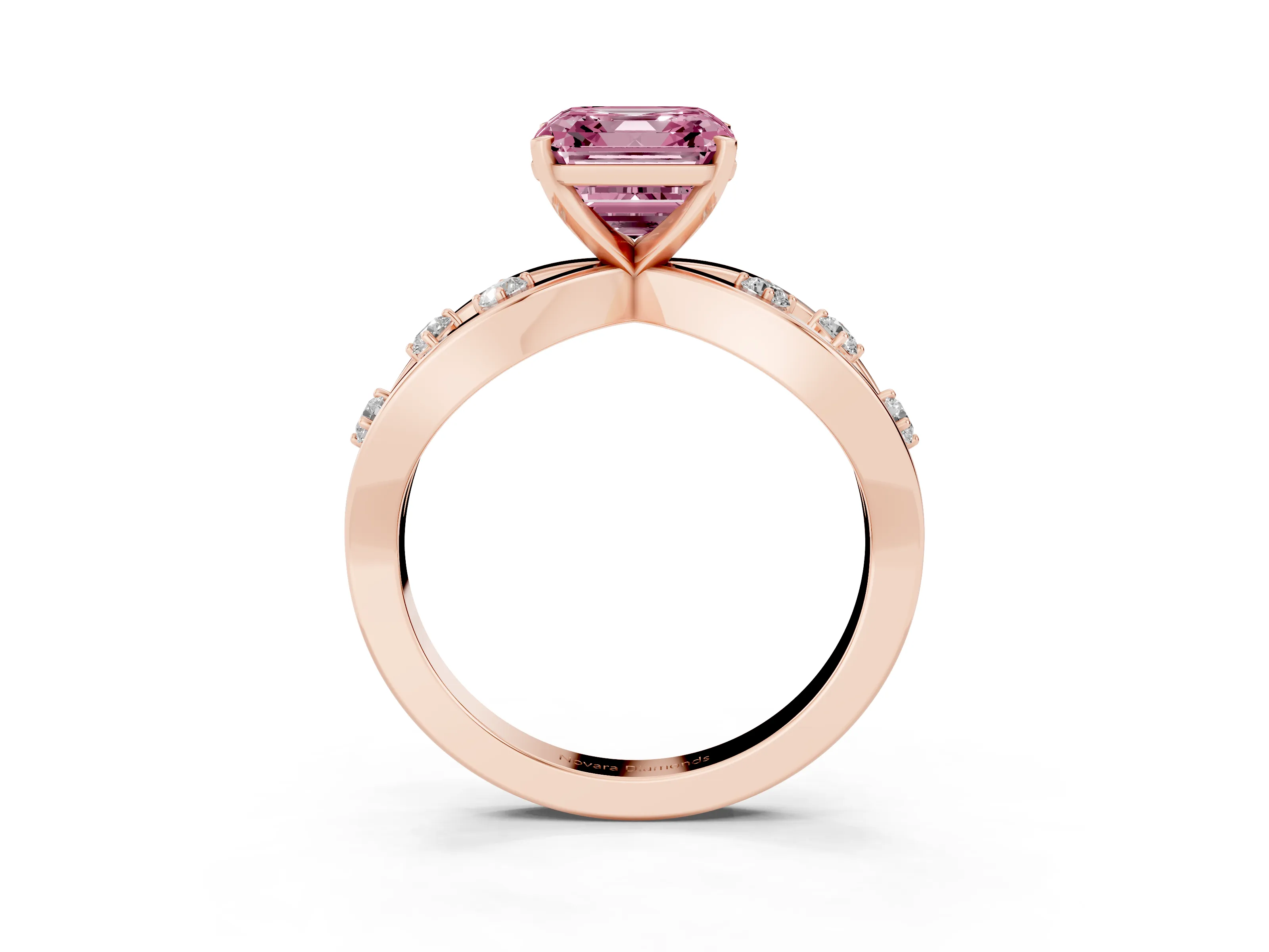 Fancy Pink Asscher Cut Diamond Solitaire Ring Set in Rose gold with Side Stones on Criss-Cross Band and Prong Setting