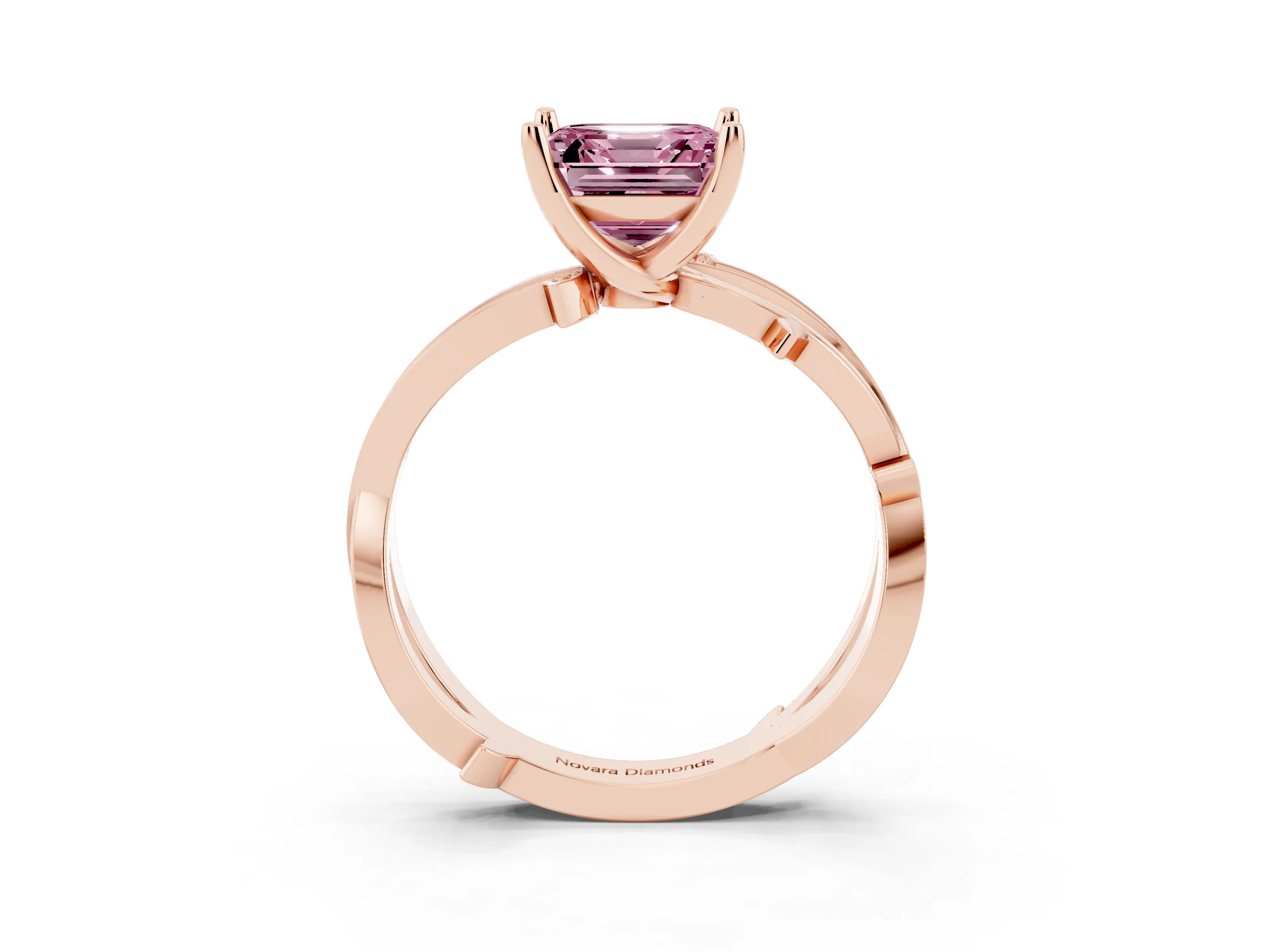 Fancy Pink Asscher Cut Diamond Pavé Twist Band Solitaire Ring Set in Rose gold with Prong Setting