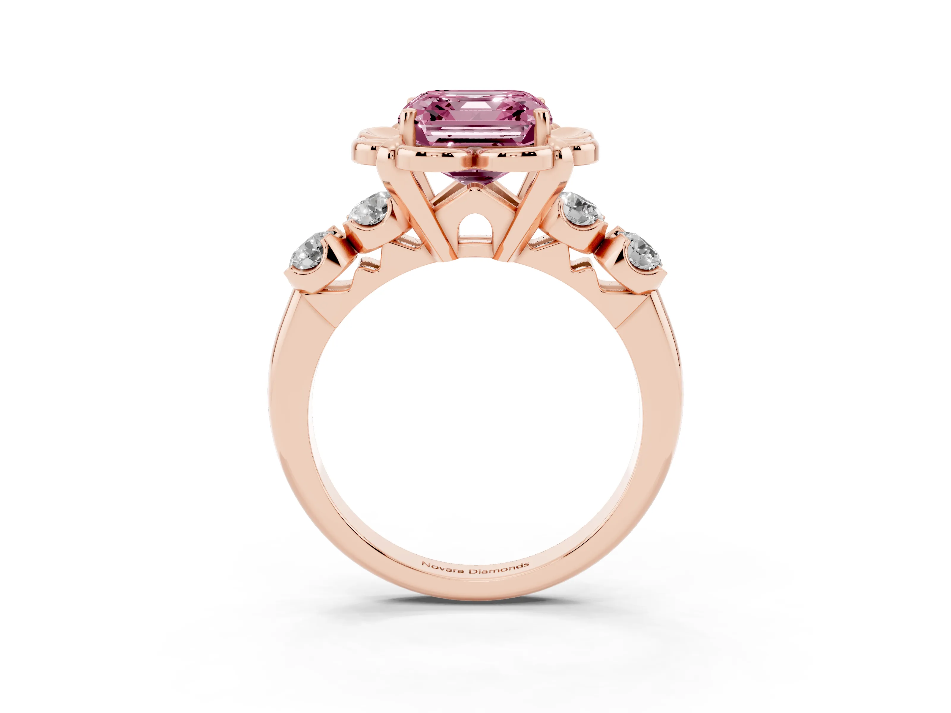 Fancy Pink Asscher Cut Diamond Floral Halo Ring Set in Rose gold with Shared Prong Band