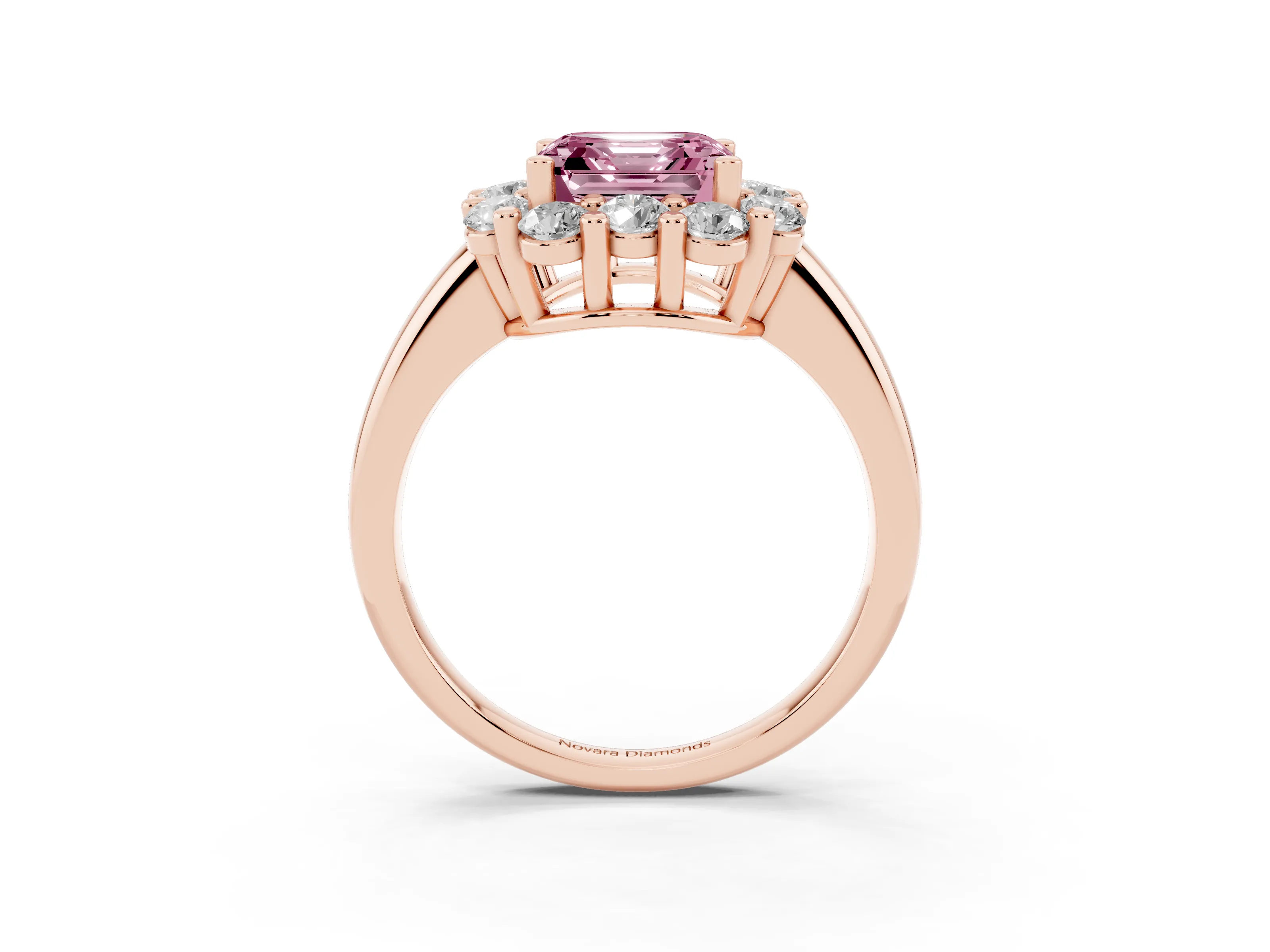 Fancy Pink Asscher Cut Diamond Halo Cluster Engagement Ring Set in Rose gold with Polished Band and Prong Setting