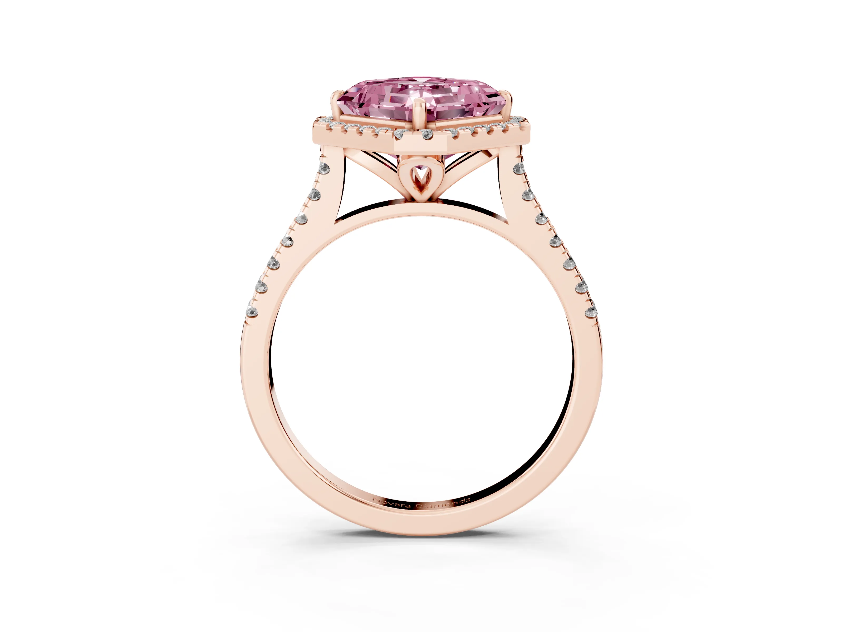 Fancy Pink Asscher Cut Diamond Cushion Halo Ring Set in Rose gold with Pavé Band