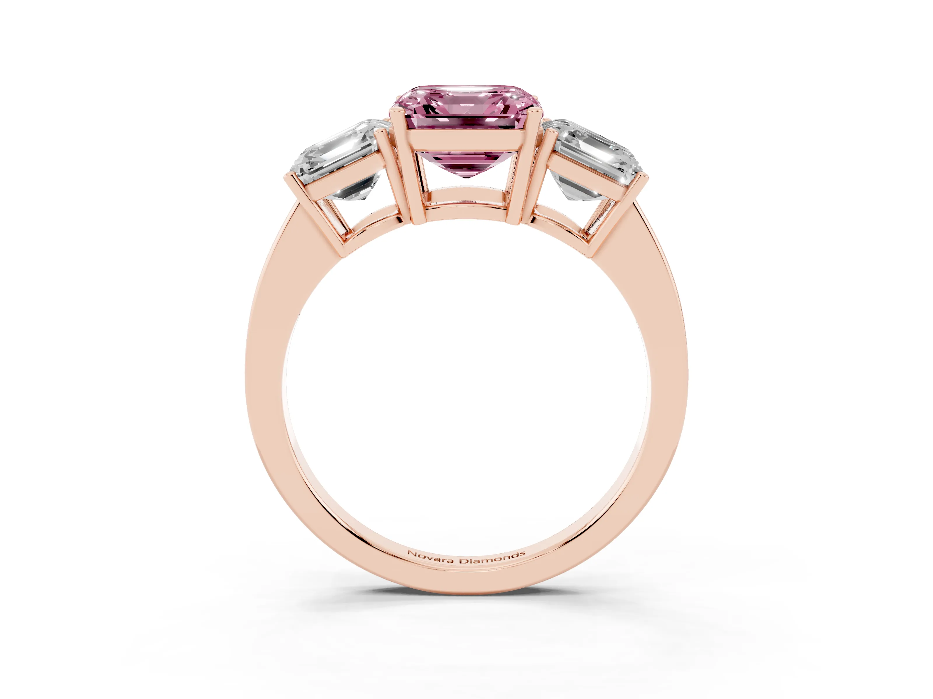 Fancy Pink Asscher Cut Diamond Three-Stone Engagement Ring Set in Rose gold with Flat Band