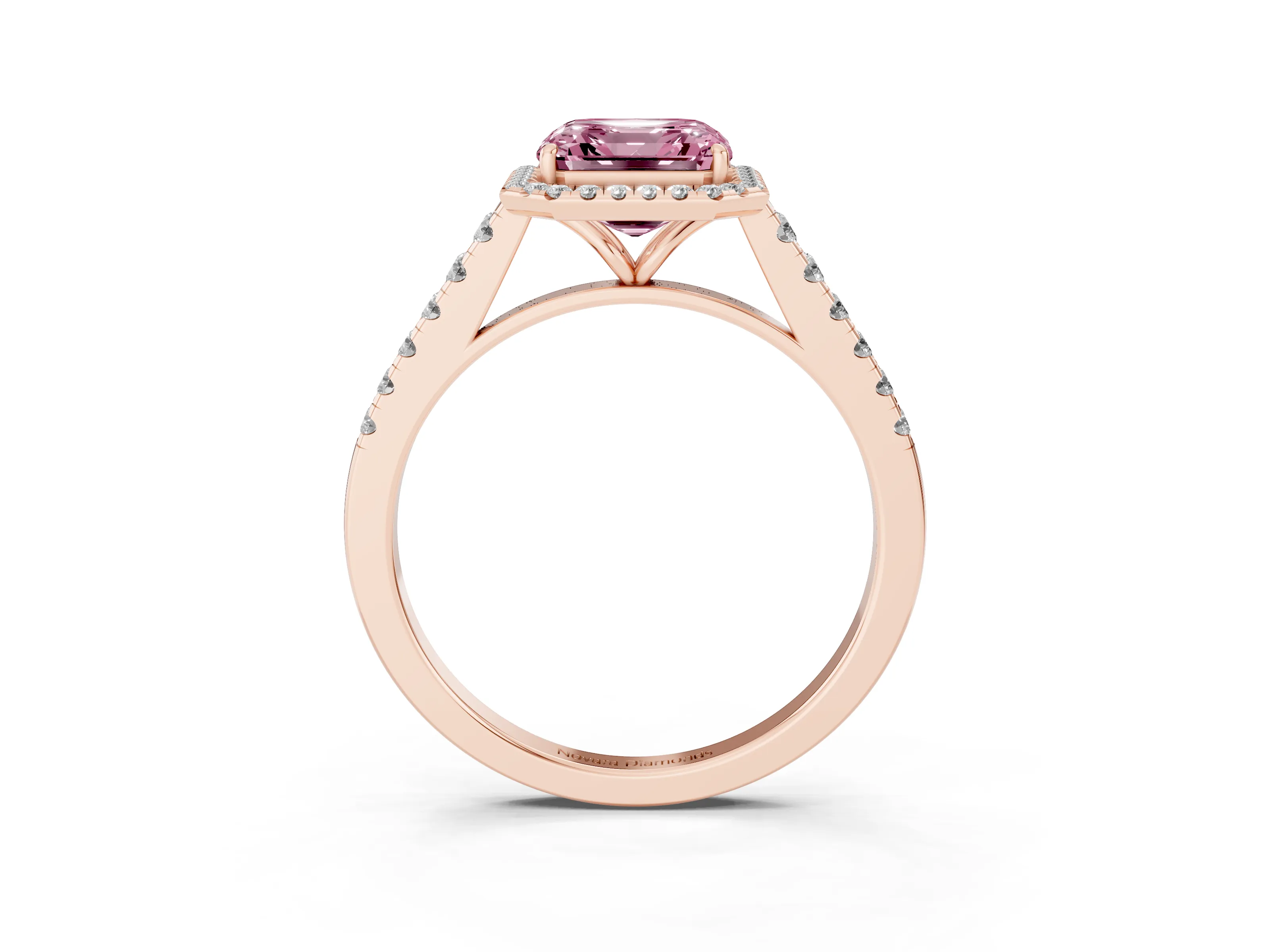 Fancy Pink Asscher Cut Diamond Halo Pavé Engagement Ring Set in Rose gold with Prong Setting