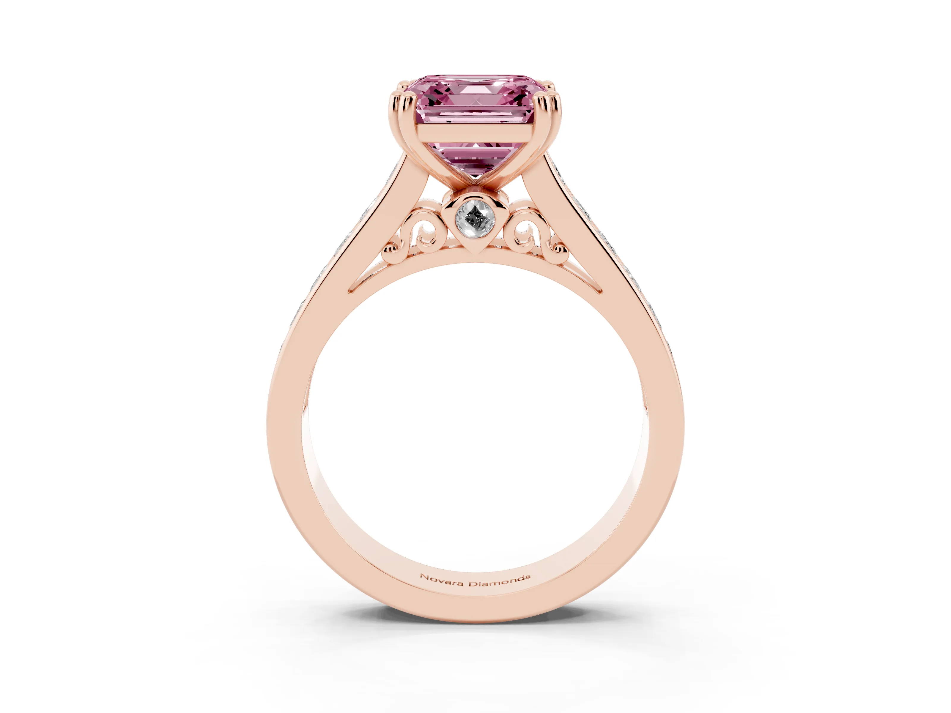 Fancy Pink Asscher Cut Diamond Channel Set Solitaire Engagement Ring Set in Rose gold with Prong Setting