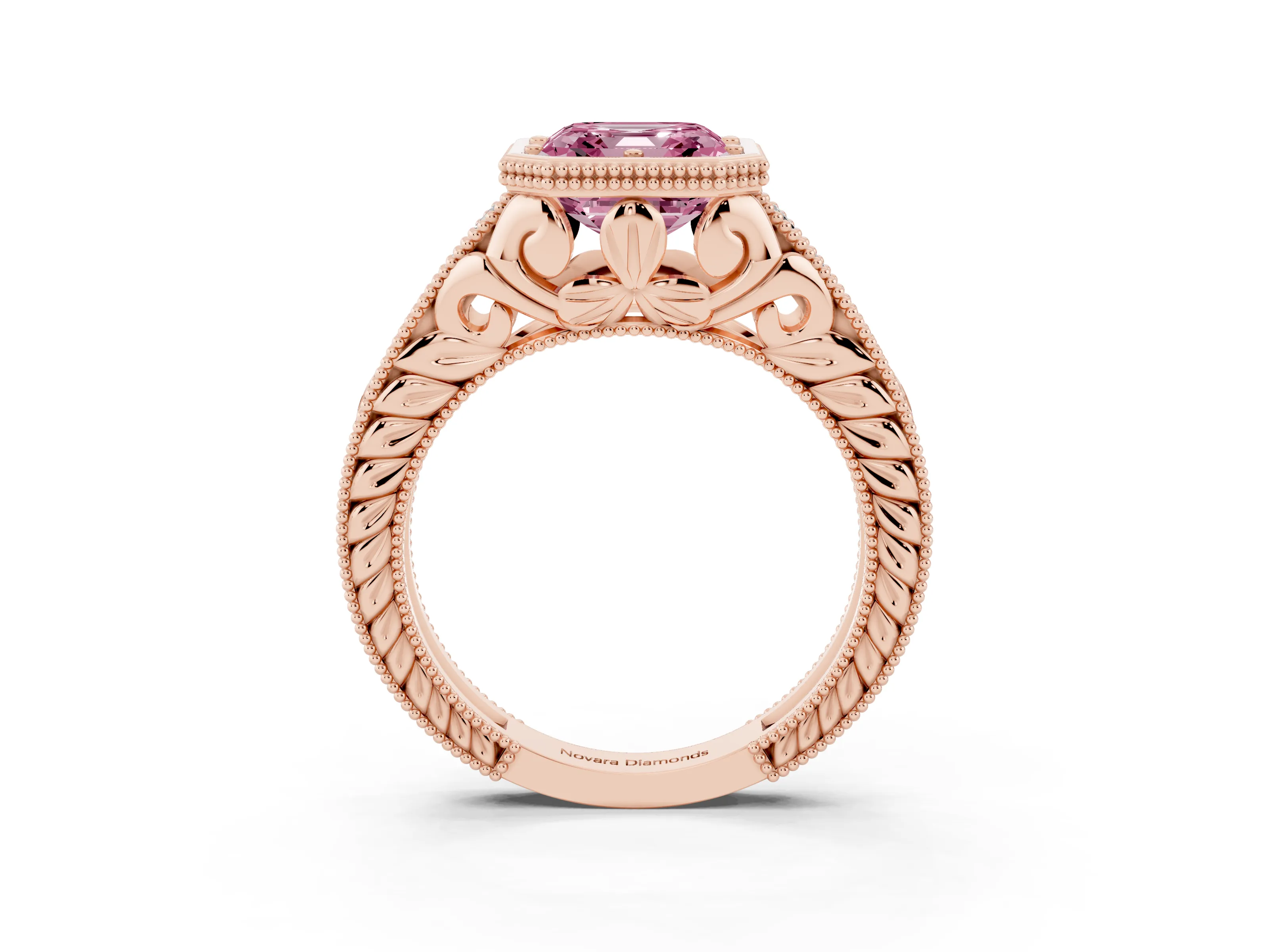 Fancy Pink Bezel Set Asscher Cut Diamond Milgrain Pavé Engagement Ring Set in Rose gold