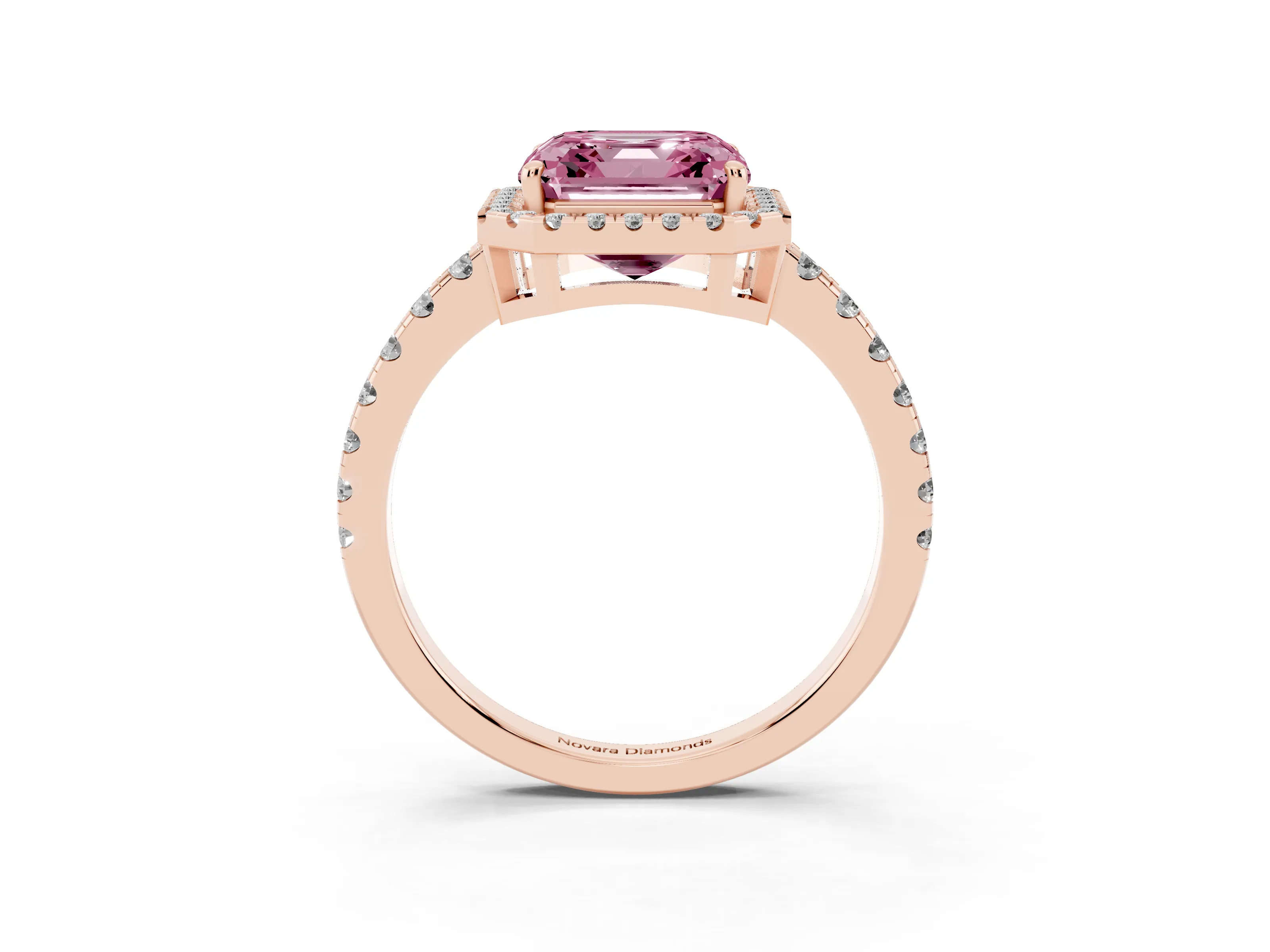Fancy Pink Asscher Cut Diamond Halo Ring Set in Rose gold with Delicate Pavé Band and Prong Setting