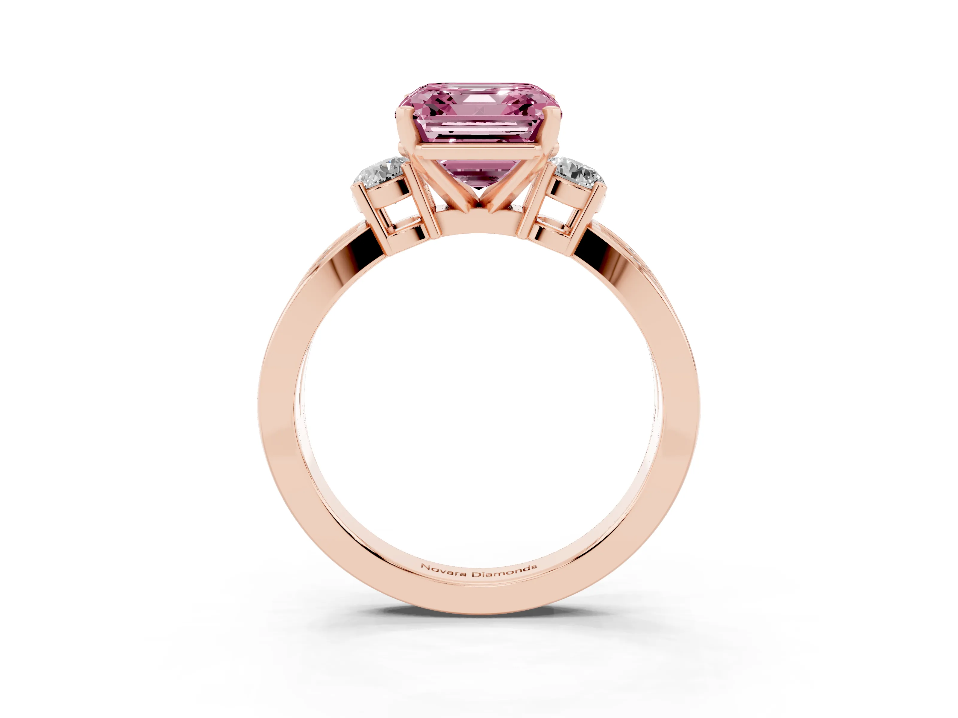 Fancy Pink Three-Stone Asscher Cut Diamond Twist Band Ring Set in Rose gold with Pavé Accents and Prong Setting