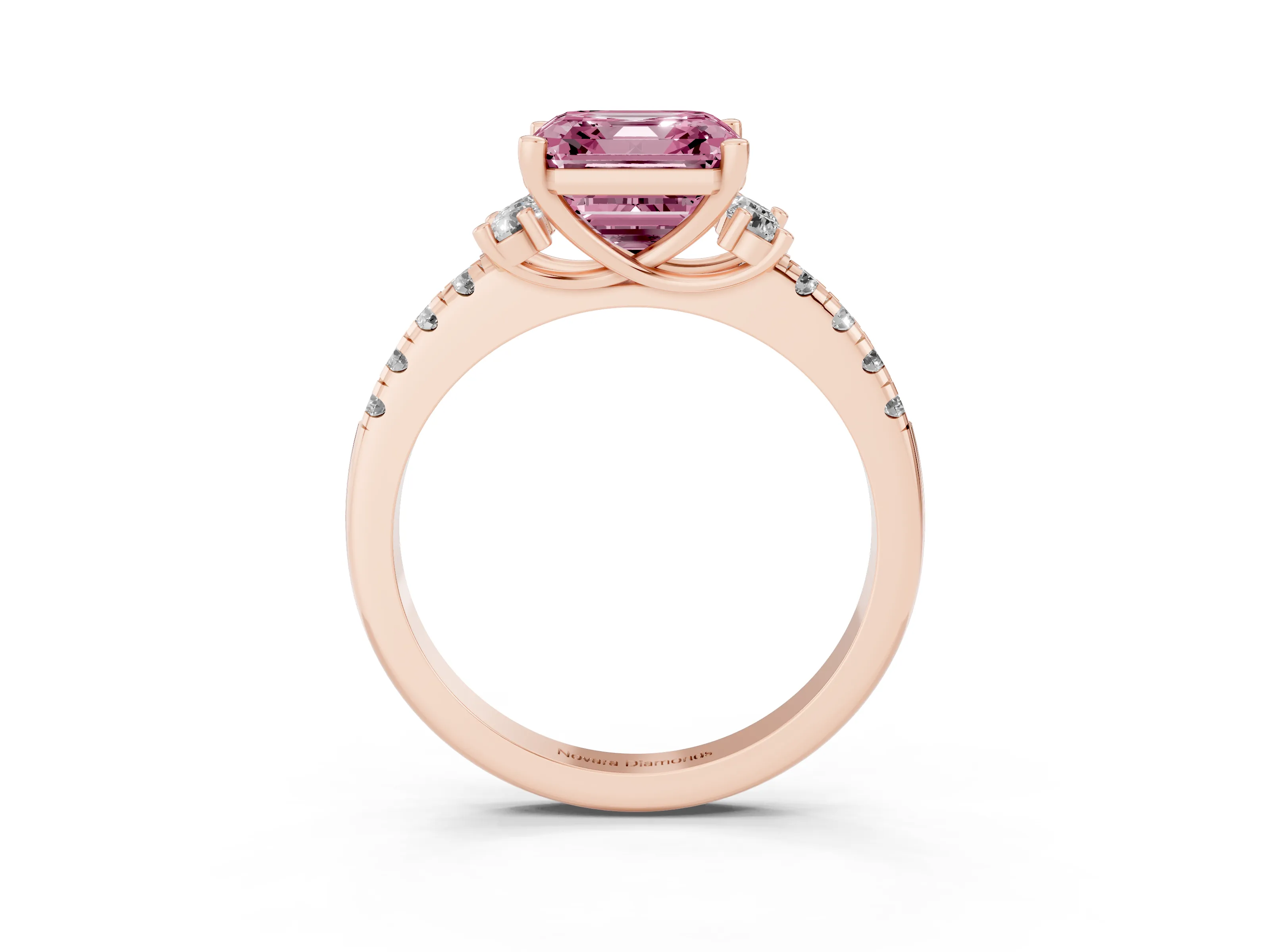 Fancy Pink Asscher Cut Diamond Three-Stone Pavé Ring Set in Rose gold with Prong Setting