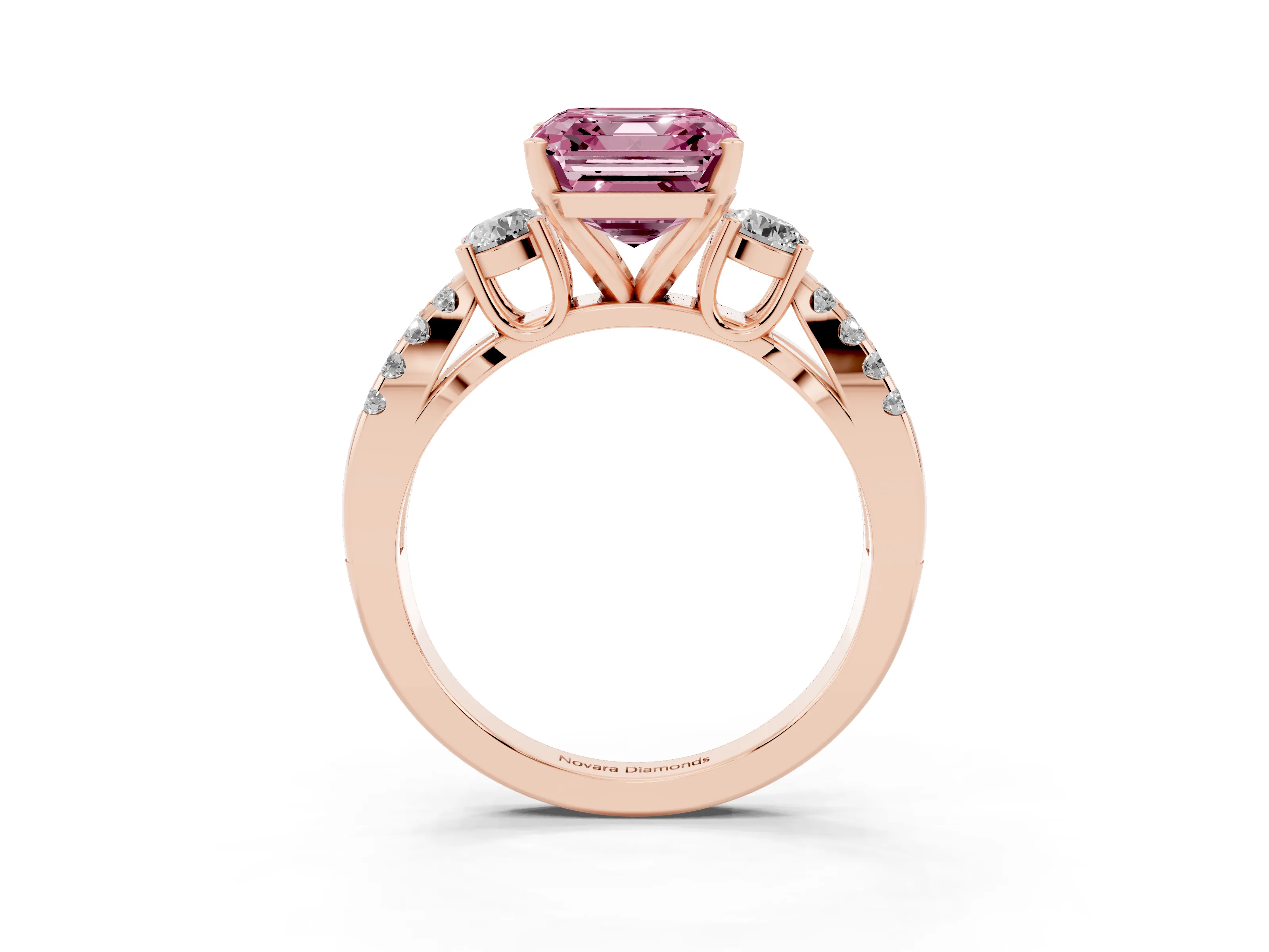Fancy Pink Asscher Cut Diamond Three-Stone Ring Set in Rose gold with Pavé Split Shank and Prong Setting