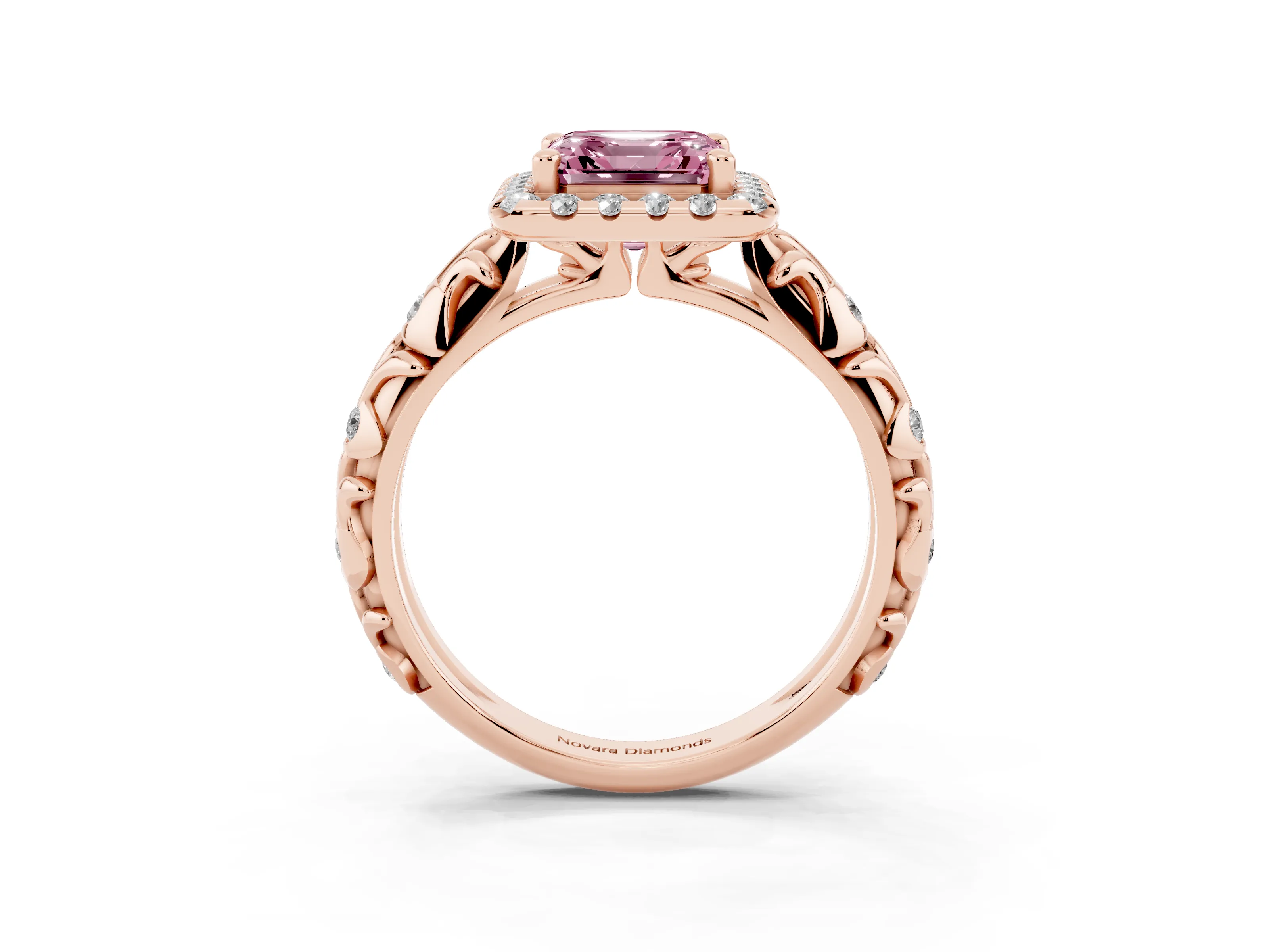 Fancy Pink Asscher Cut Diamond Halo Ring Set in Rose gold with Filigree Leaf Band and Prong Setting