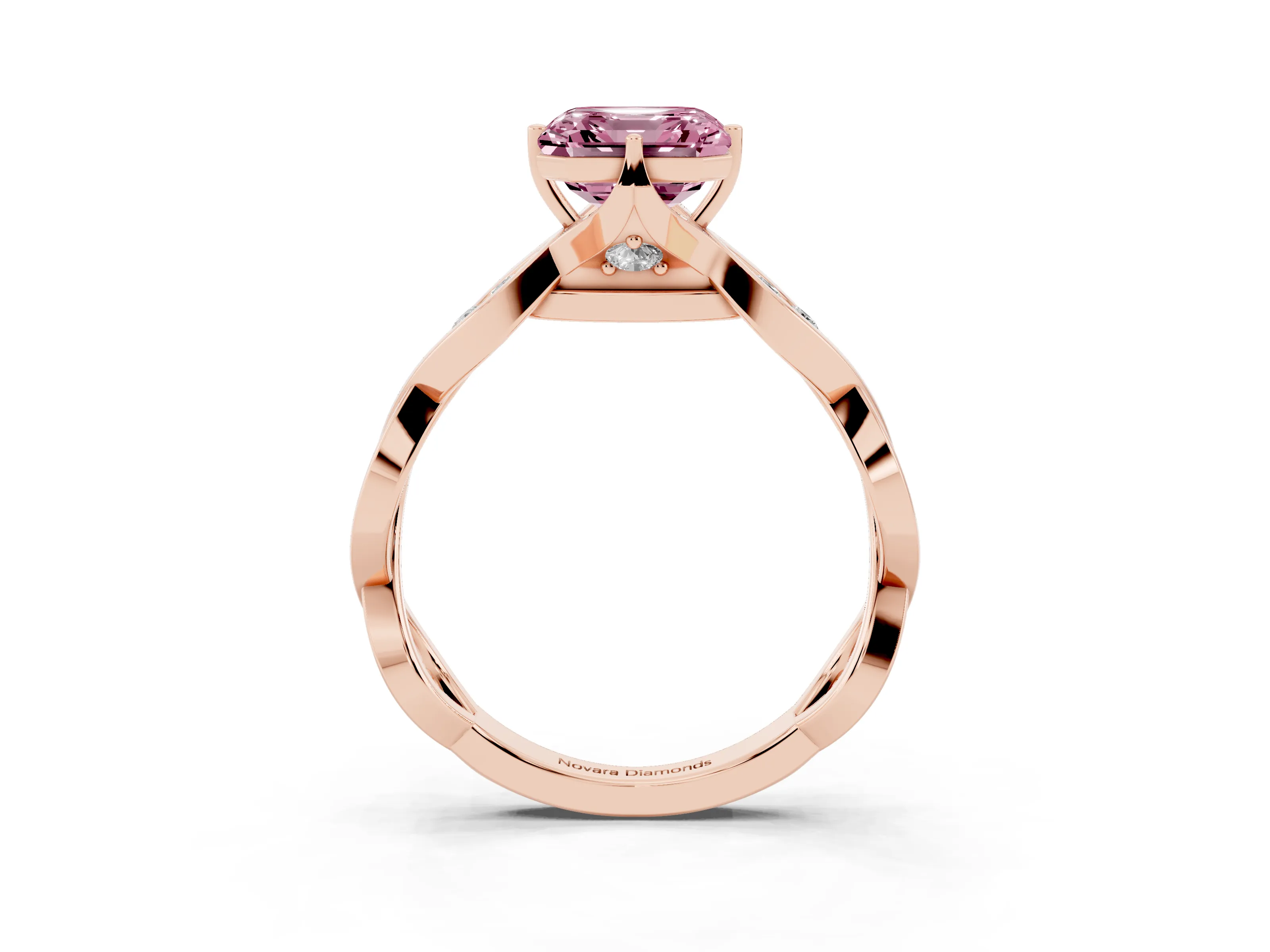 Fancy Pink Asscher Cut Diamond Twist Band Solitaire Ring Set in Rose gold with Leaf Prong Setting and Accent Stones