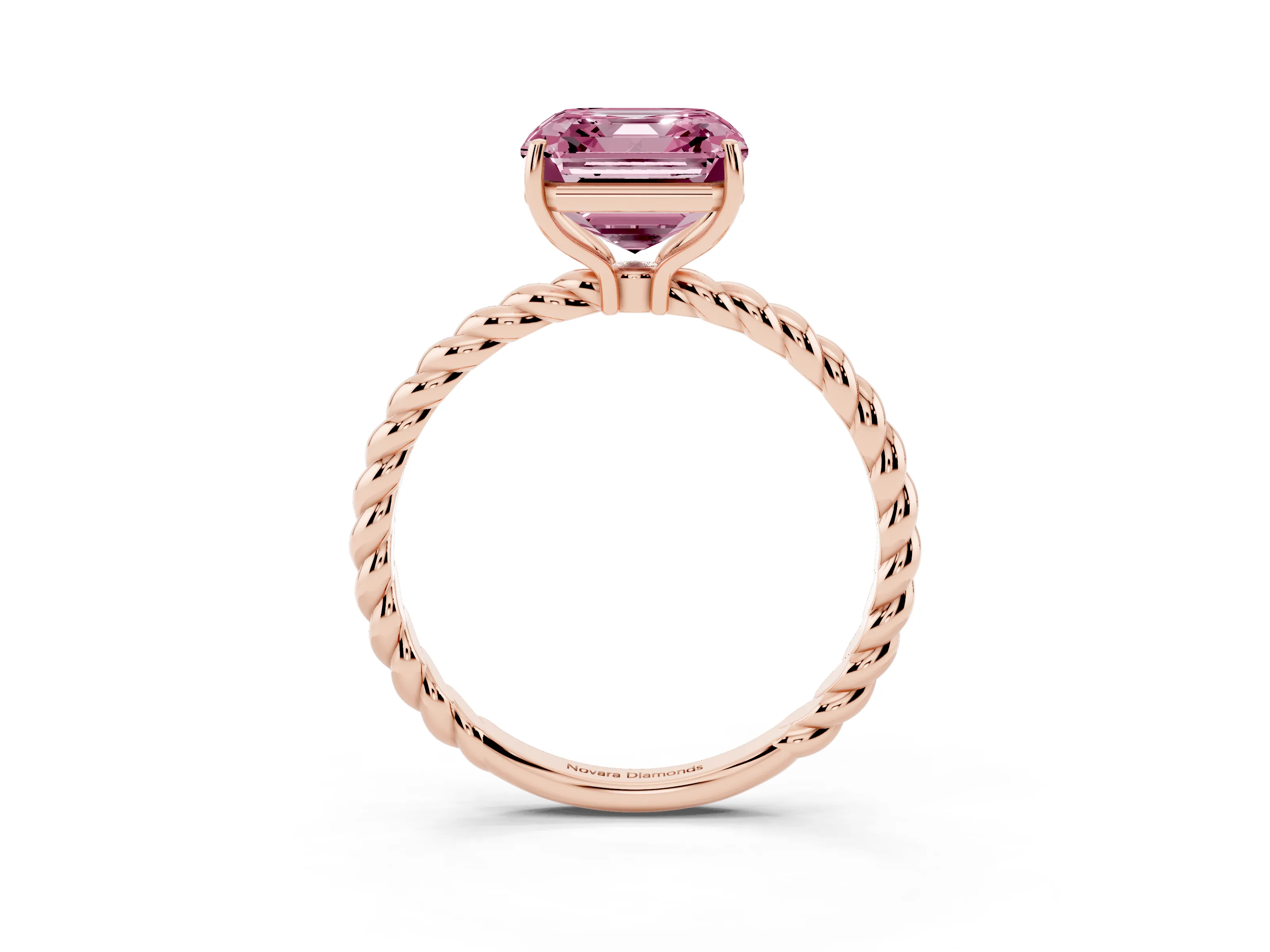 Fancy Pink Asscher Cut Diamond Solitaire Ring Set in Rose gold with Twist Band and Prong Setting