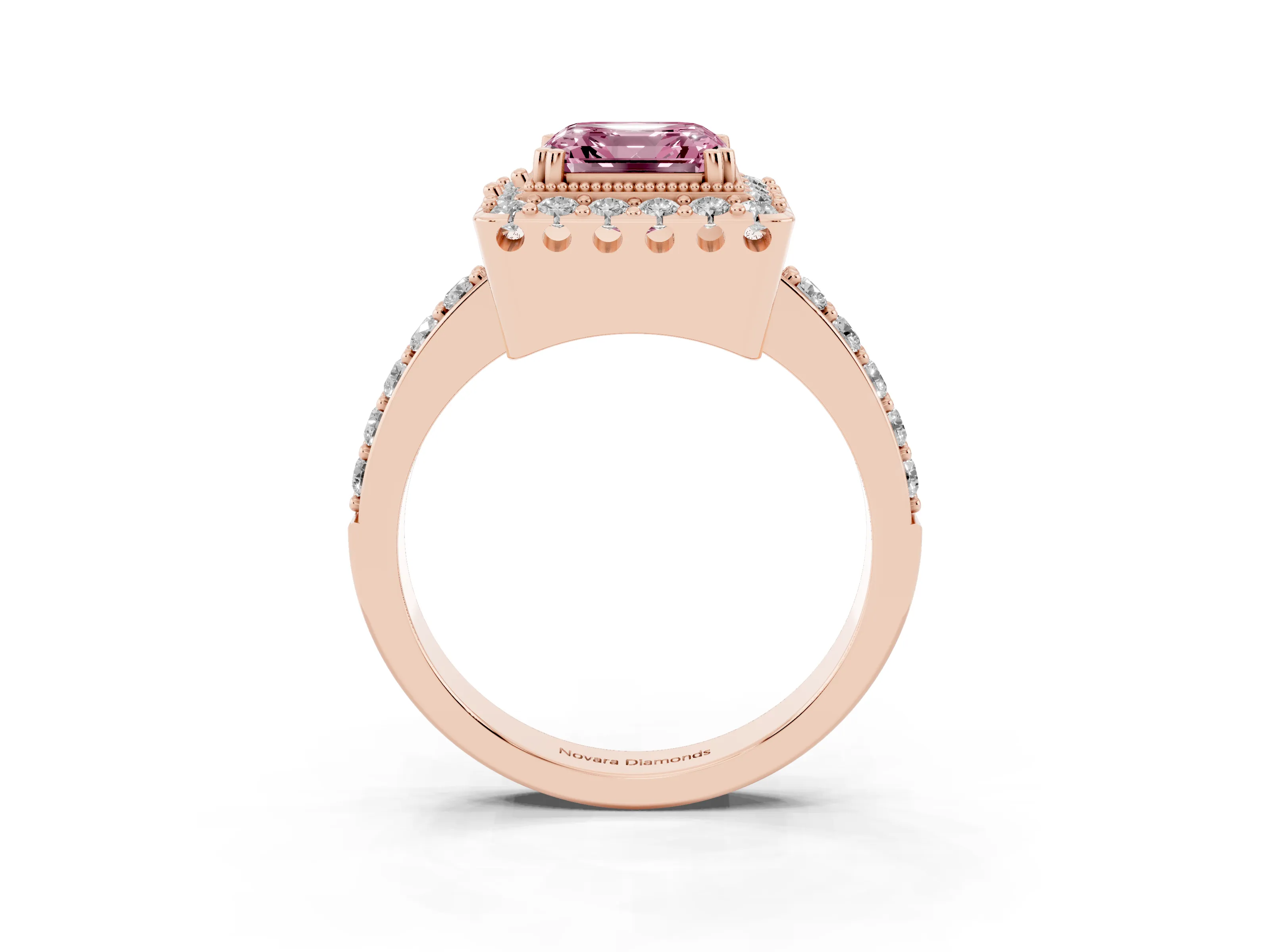 Fancy Pink Asscher Cut Diamond Halo Ring Set in Rose gold with Pavé Shank and Prong Setting