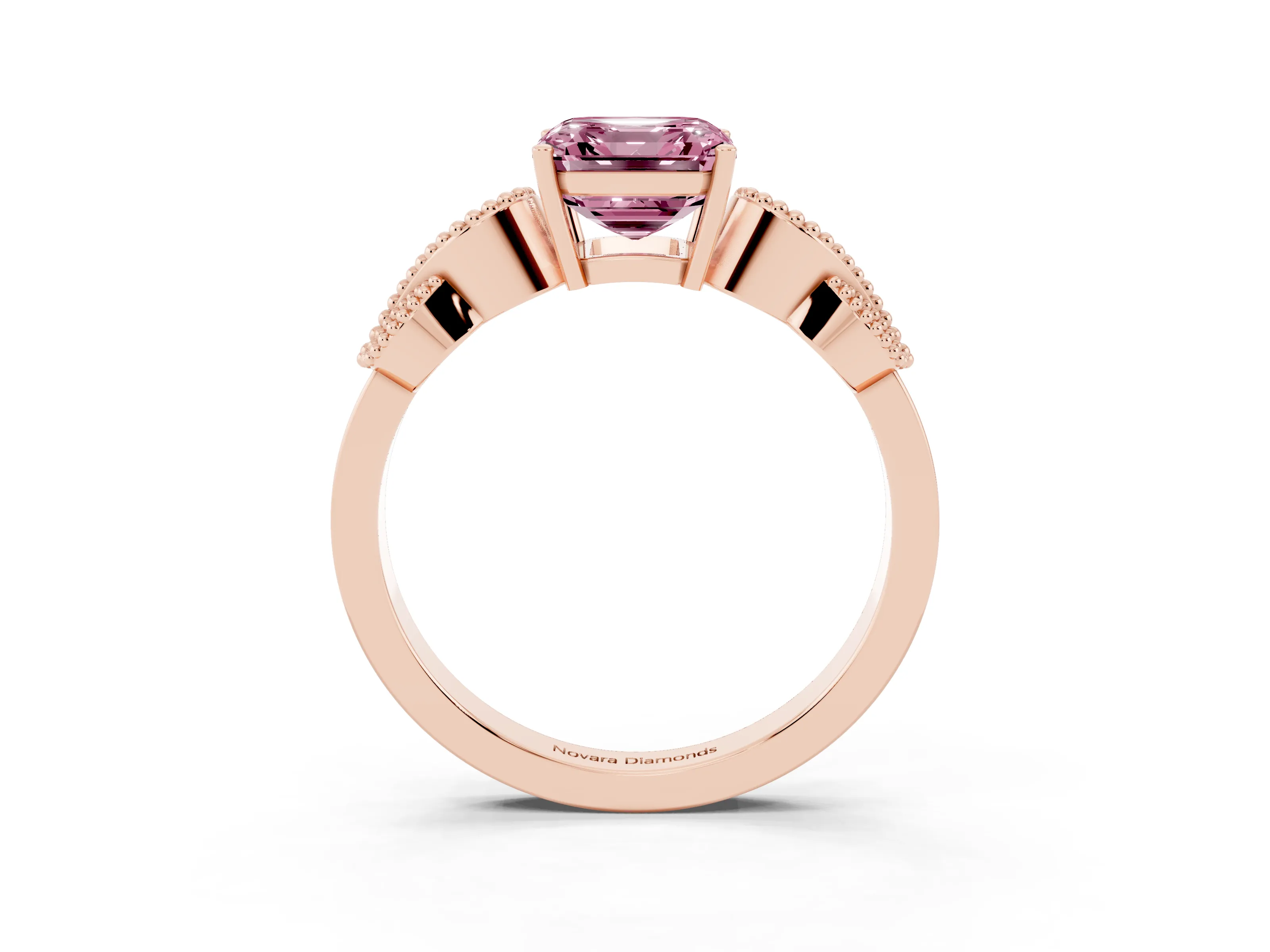 Fancy Pink Asscher Cut Diamond Milgrain Leaf Band Solitaire Ring Set in Rose gold with Accent Stones and Prong Setting
