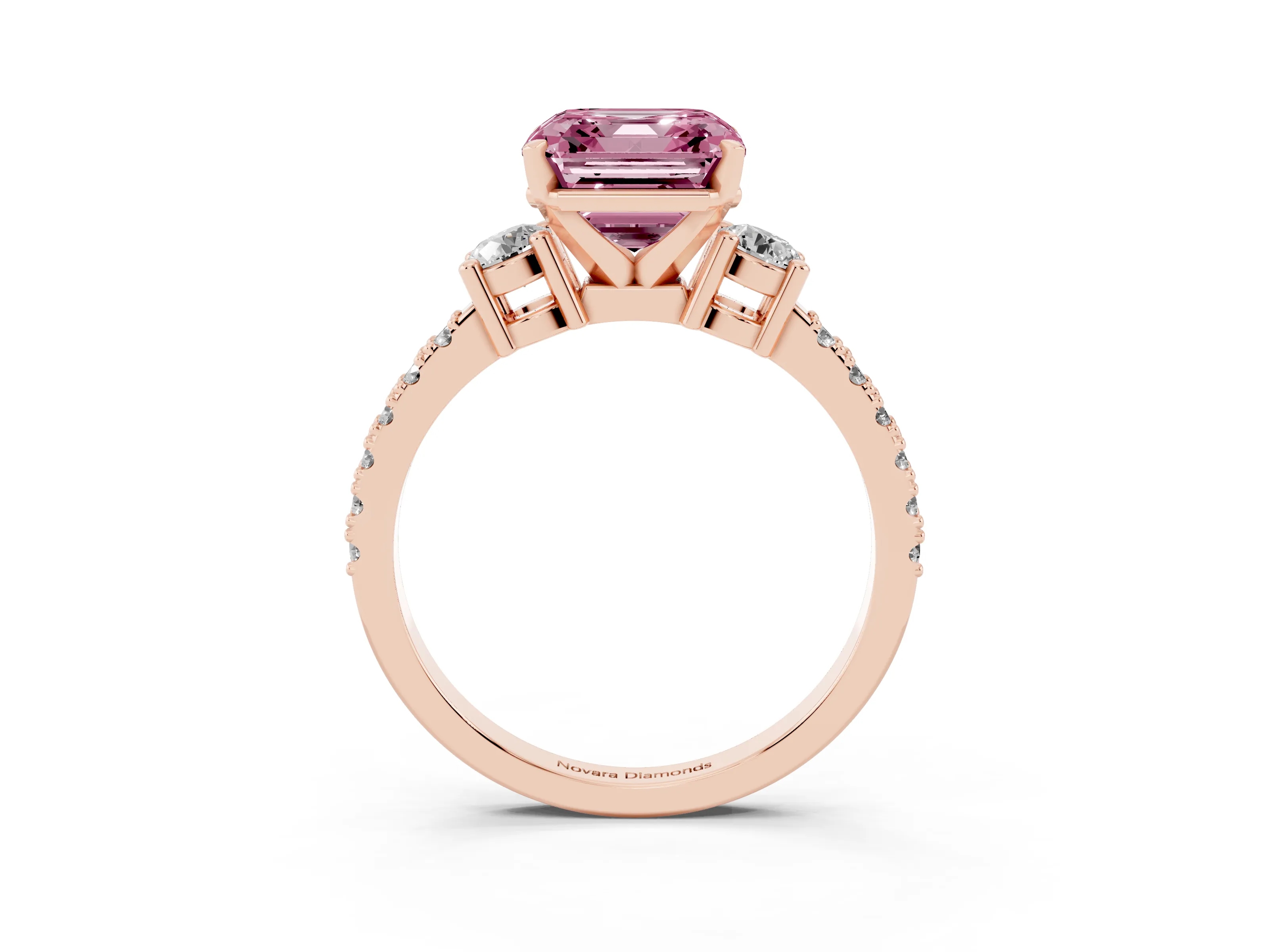 Fancy Pink Three-Stone Asscher Cut Diamond Pavé Band Ring Set in Rose gold with Prong Setting