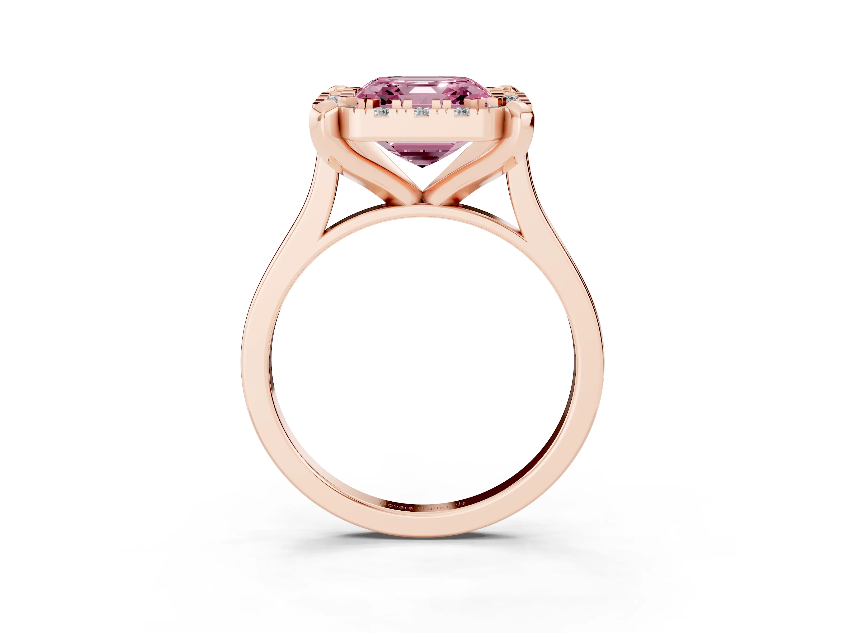 Fancy Pink Asscher Cut Diamond Cluster Halo Solitaire Ring Set in Rose gold with Prong Setting