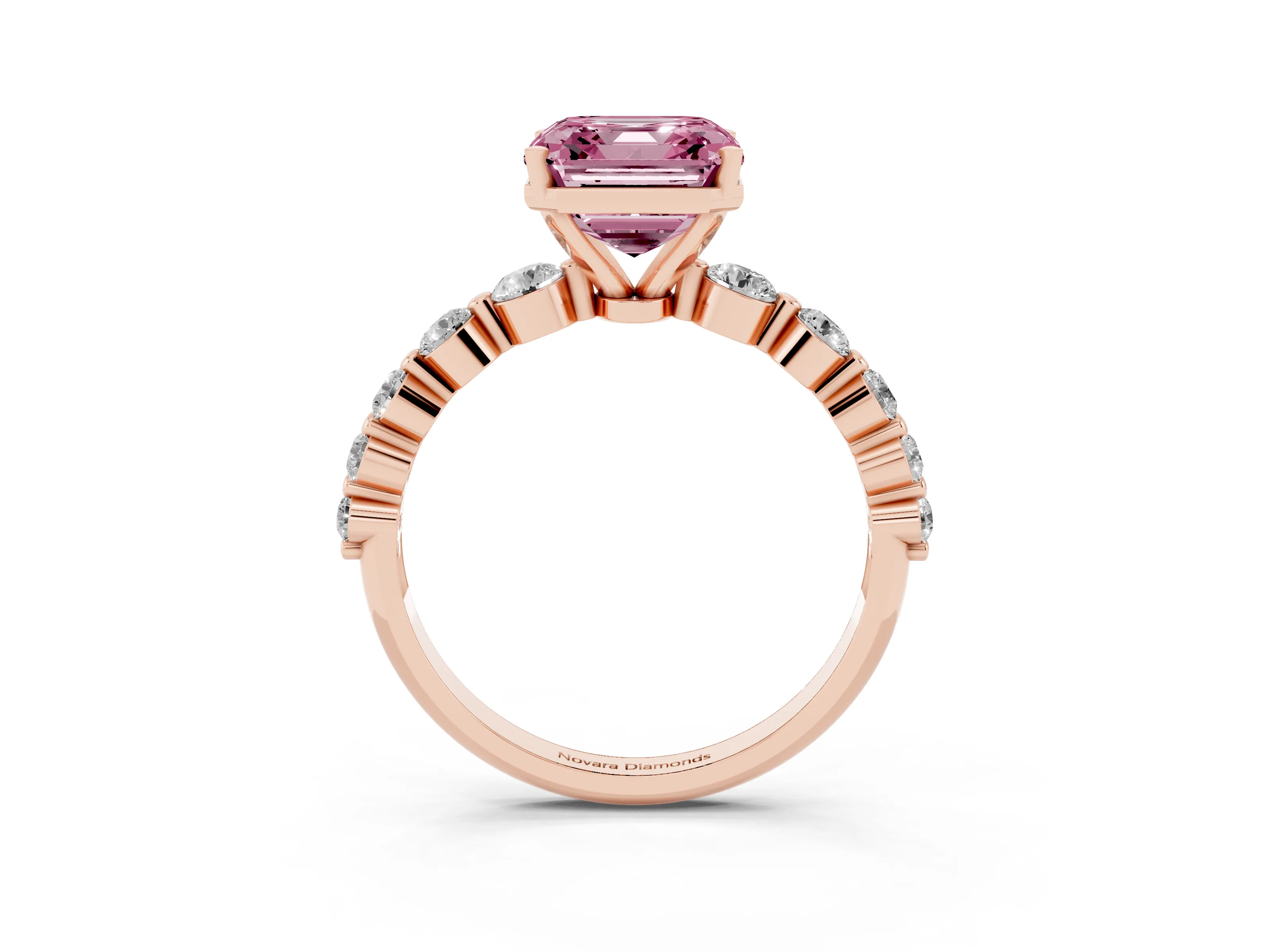 Fancy Pink Asscher Cut Diamond Solitaire Ring Set in Rose gold with Pavé Band and Prong Setting