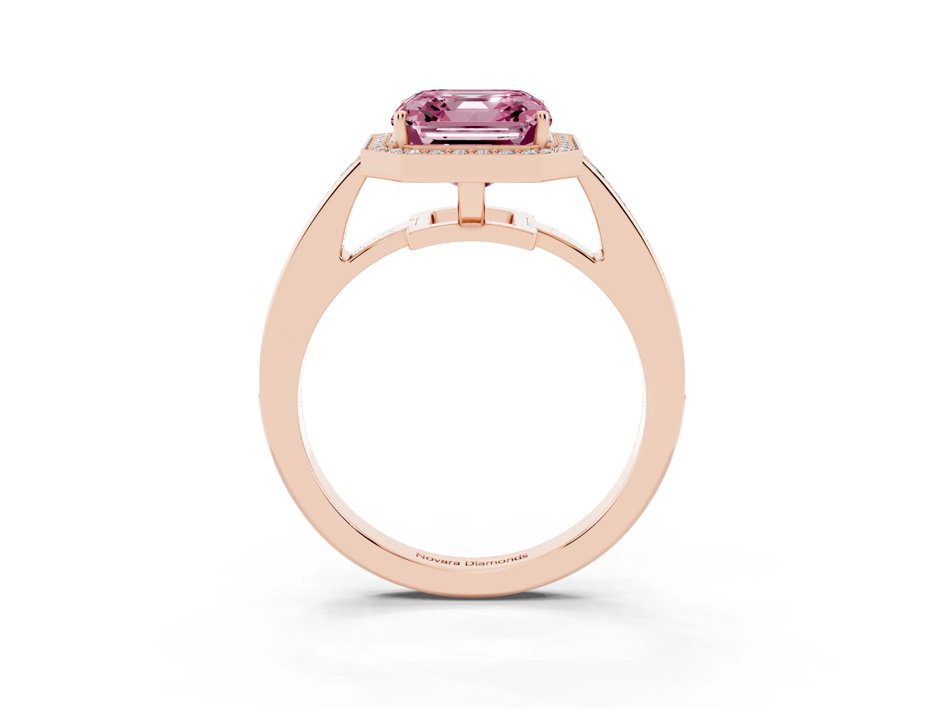 Fancy Pink Asscher Cut Diamond Halo Pavé Engagement Ring Set in Rose gold with Bezel Setting