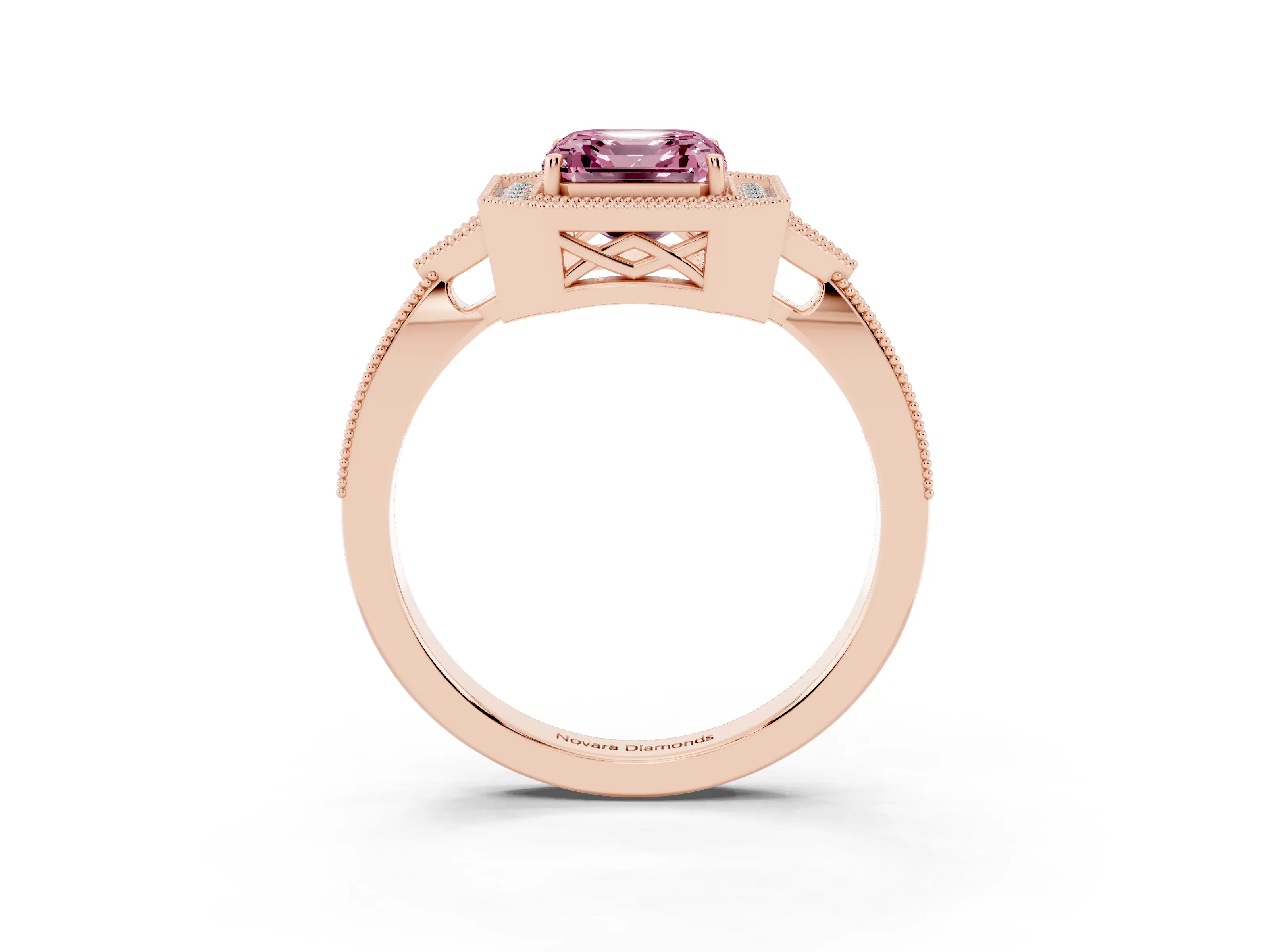Fancy Pink Asscher Cut Diamond Halo Engagement Ring Set in Rose gold with Milgrain Pavé Band