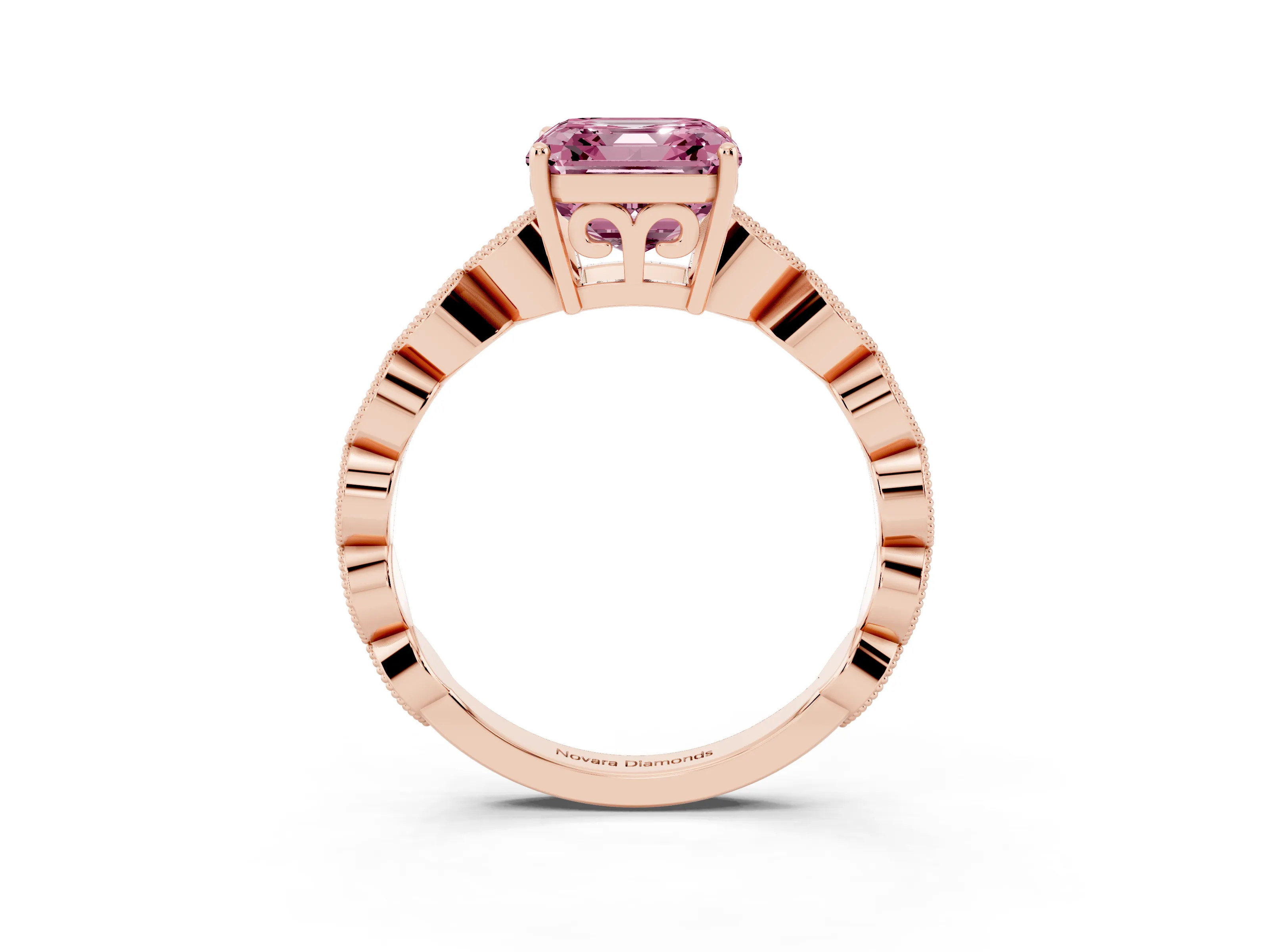 Fancy Pink Asscher Cut Diamond Solitaire Ring Set in Rose gold with Infinity Twist Pavé Band