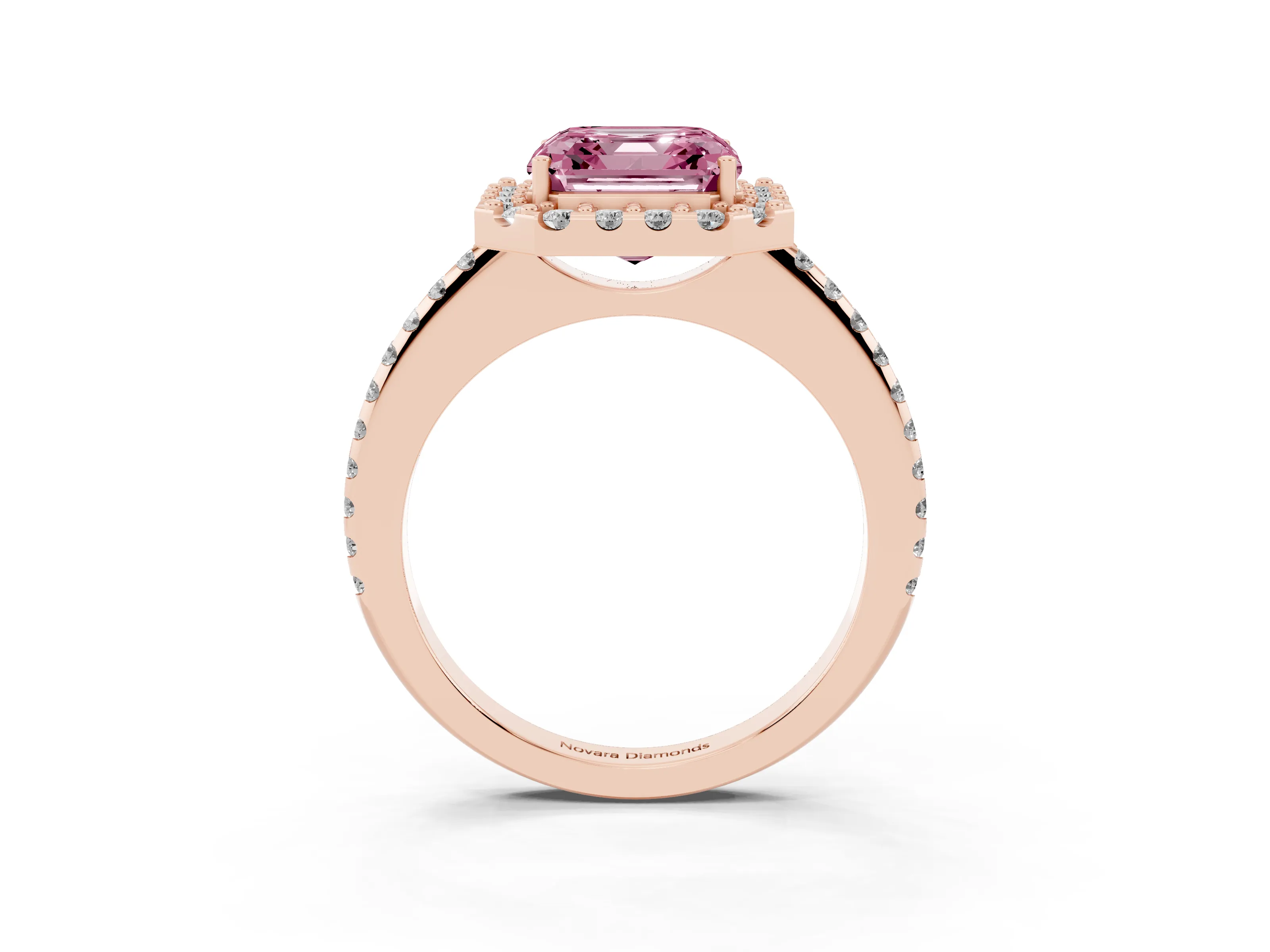 Fancy Pink Asscher Cut Diamond Pavé Halo Ring Set in Rose gold with Prong Setting