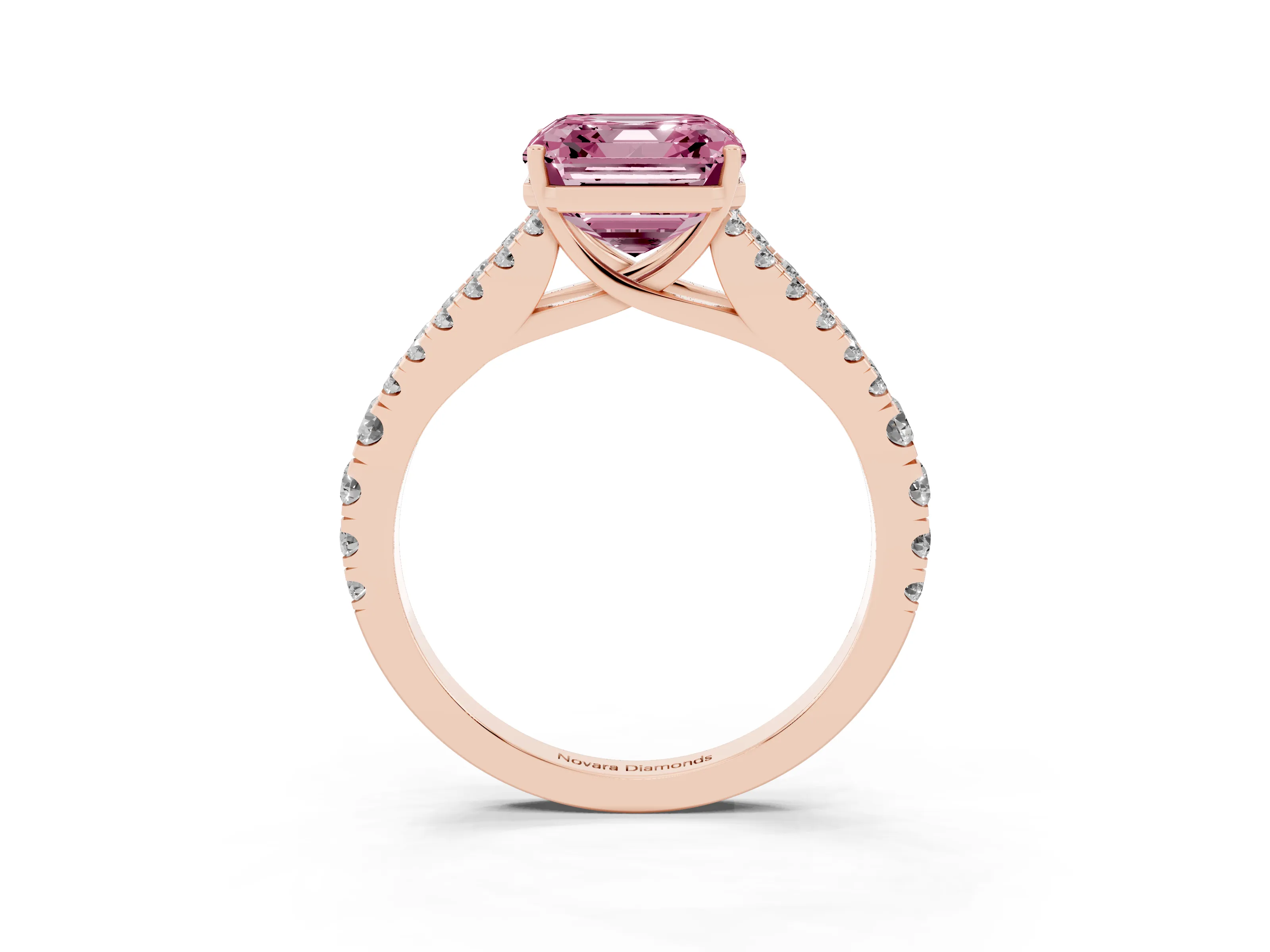 Fancy Pink Asscher Cut Diamond Split Shank Pavé Engagement Ring Set in Rose gold with Prong-Held Center Stone