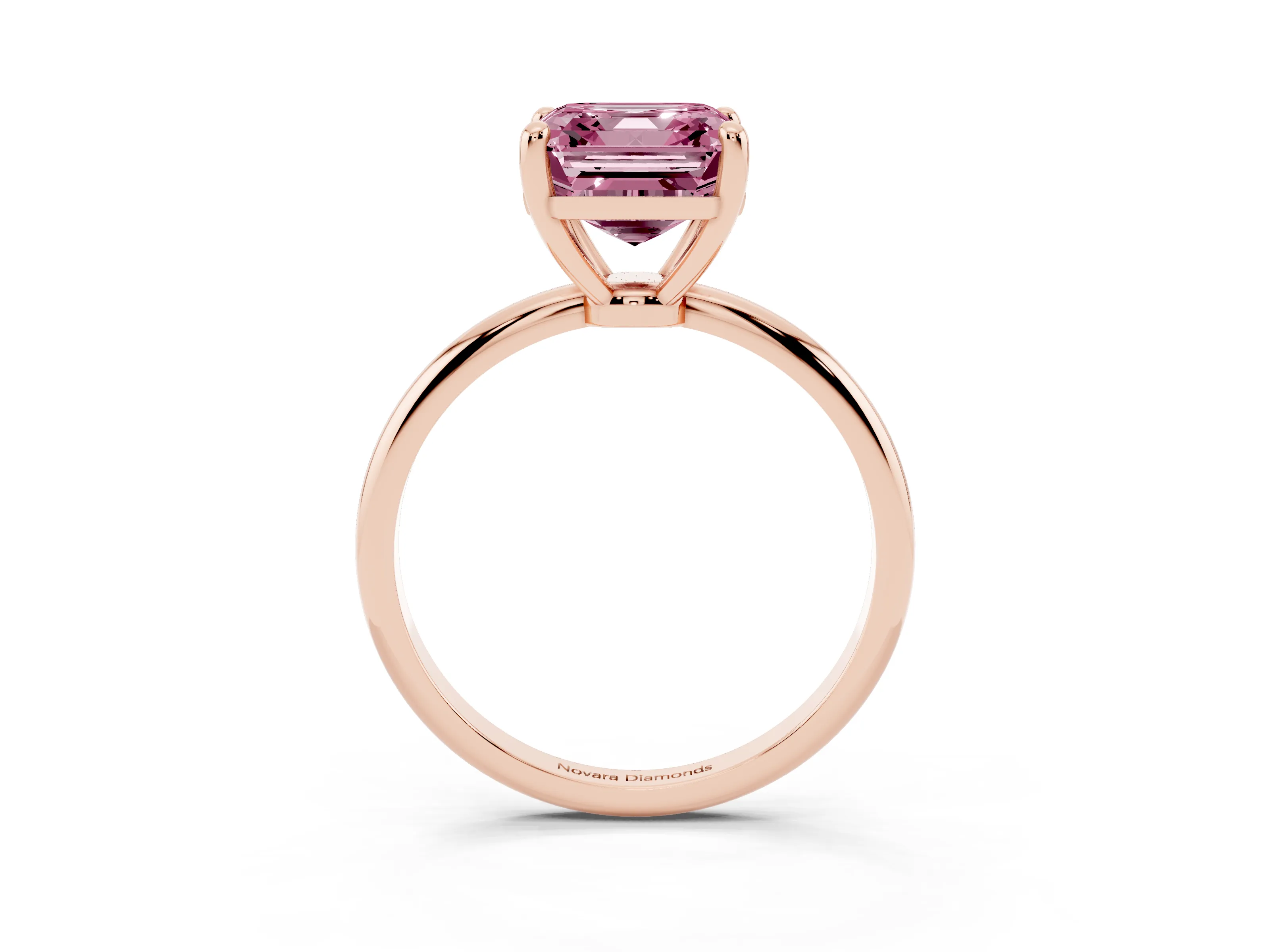 Fancy Pink Asscher Cut Diamond Solitaire Ring Set in Rose gold with Secure Prong Setting on a Classic Band