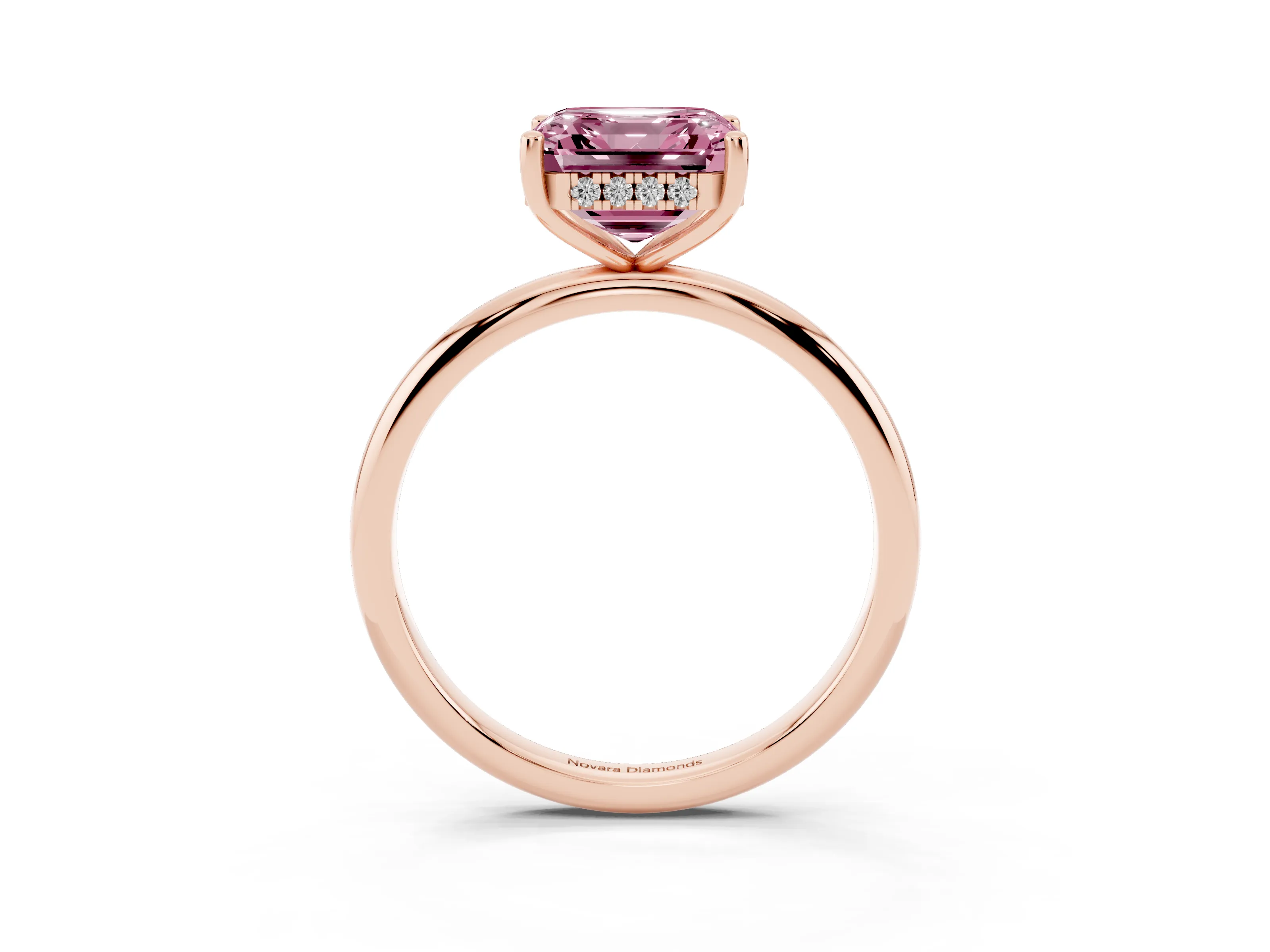 Fancy Pink Asscher Cut Diamond Solitaire Engagement Ring Set in Rose gold with Prong Setting and Polished Band