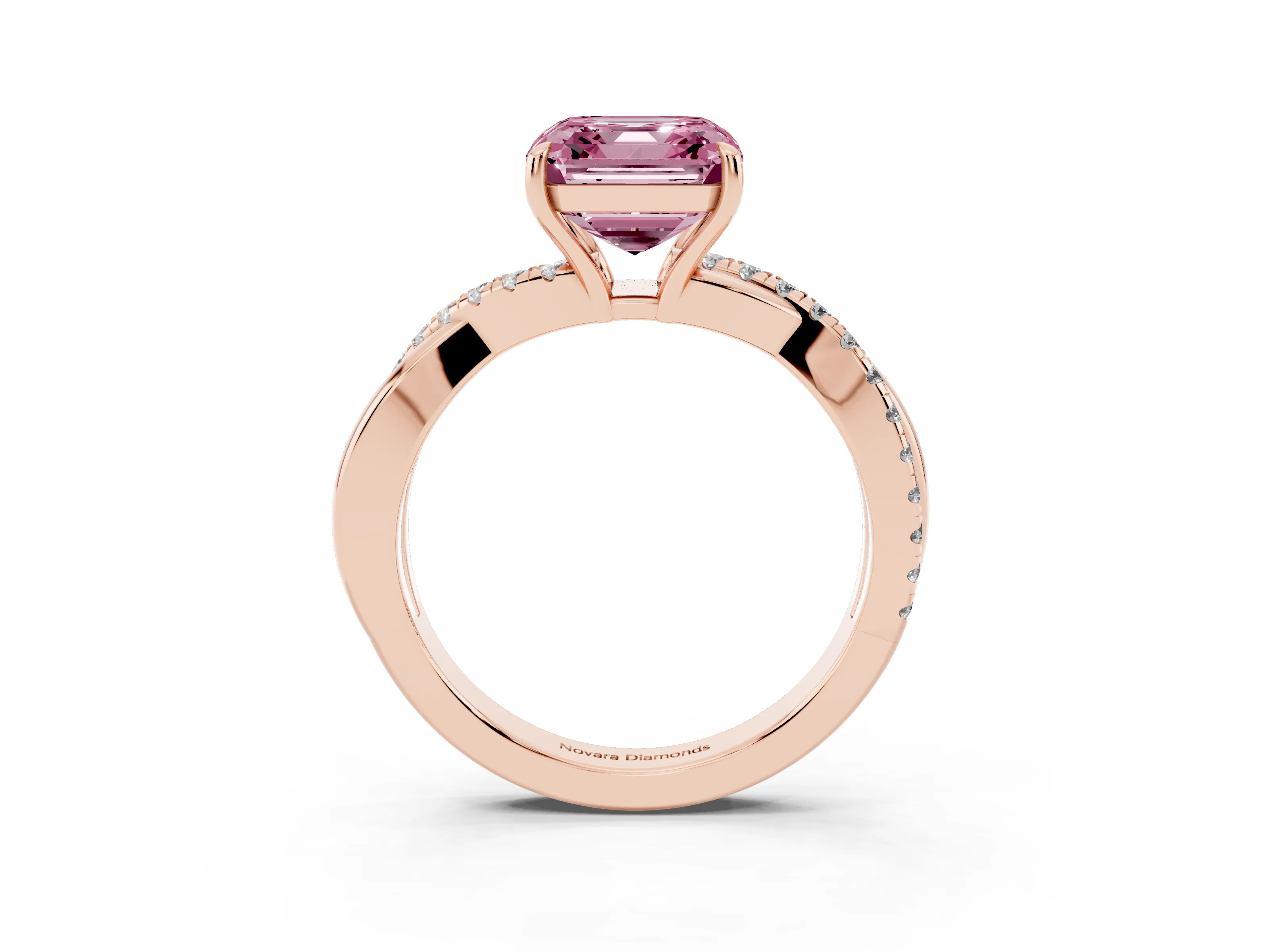 Fancy Pink Asscher Cut Diamond Twisted Pavé Band Ring Set in Rose gold with Prong Setting