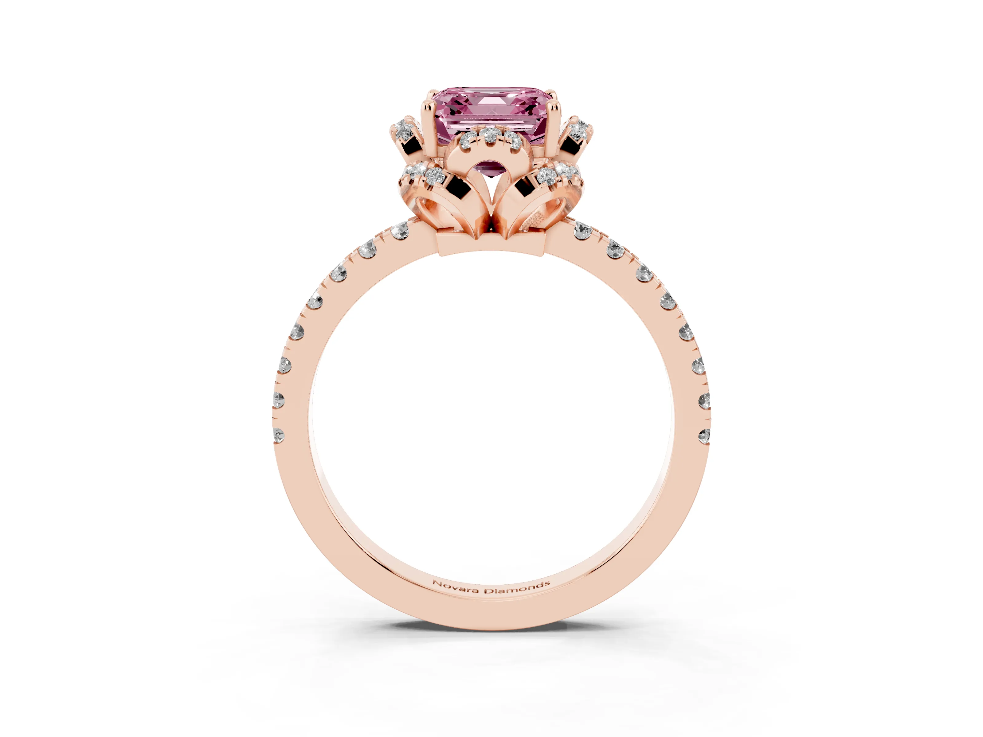 Fancy Pink Asscher Cut Diamond Halo Pavé Ring Set in Rose gold with Prong-Held Center Stone