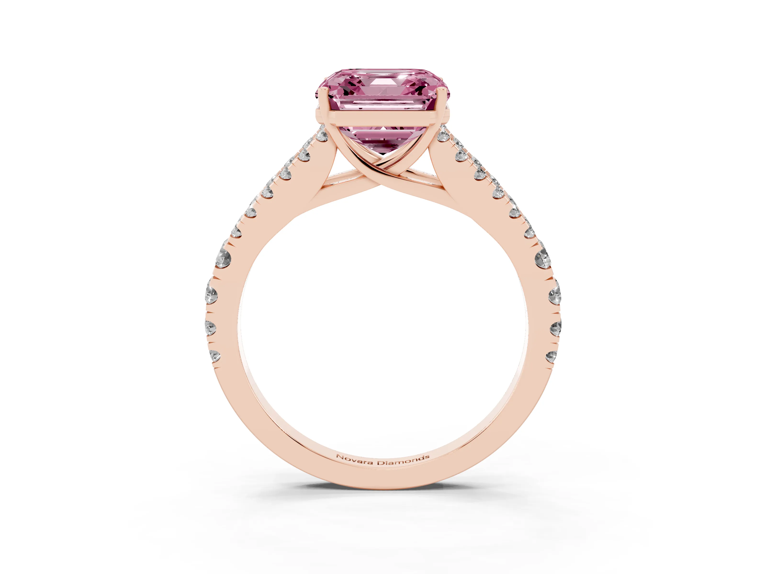 Fancy Pink Asscher Cut Diamond Split Shank Engagement Ring Set in Rose gold with Round Pavé and Prong Setting