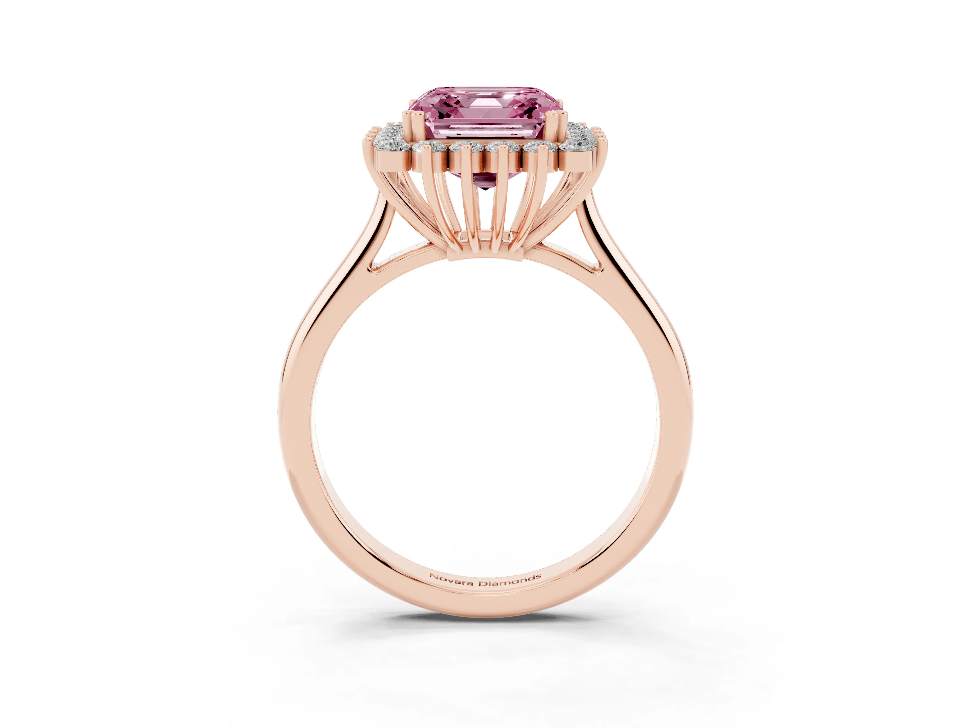 Fancy Pink Asscher Cut Diamond Halo Ring Set in Rose gold with Plain Solitaire Band and Prong Setting