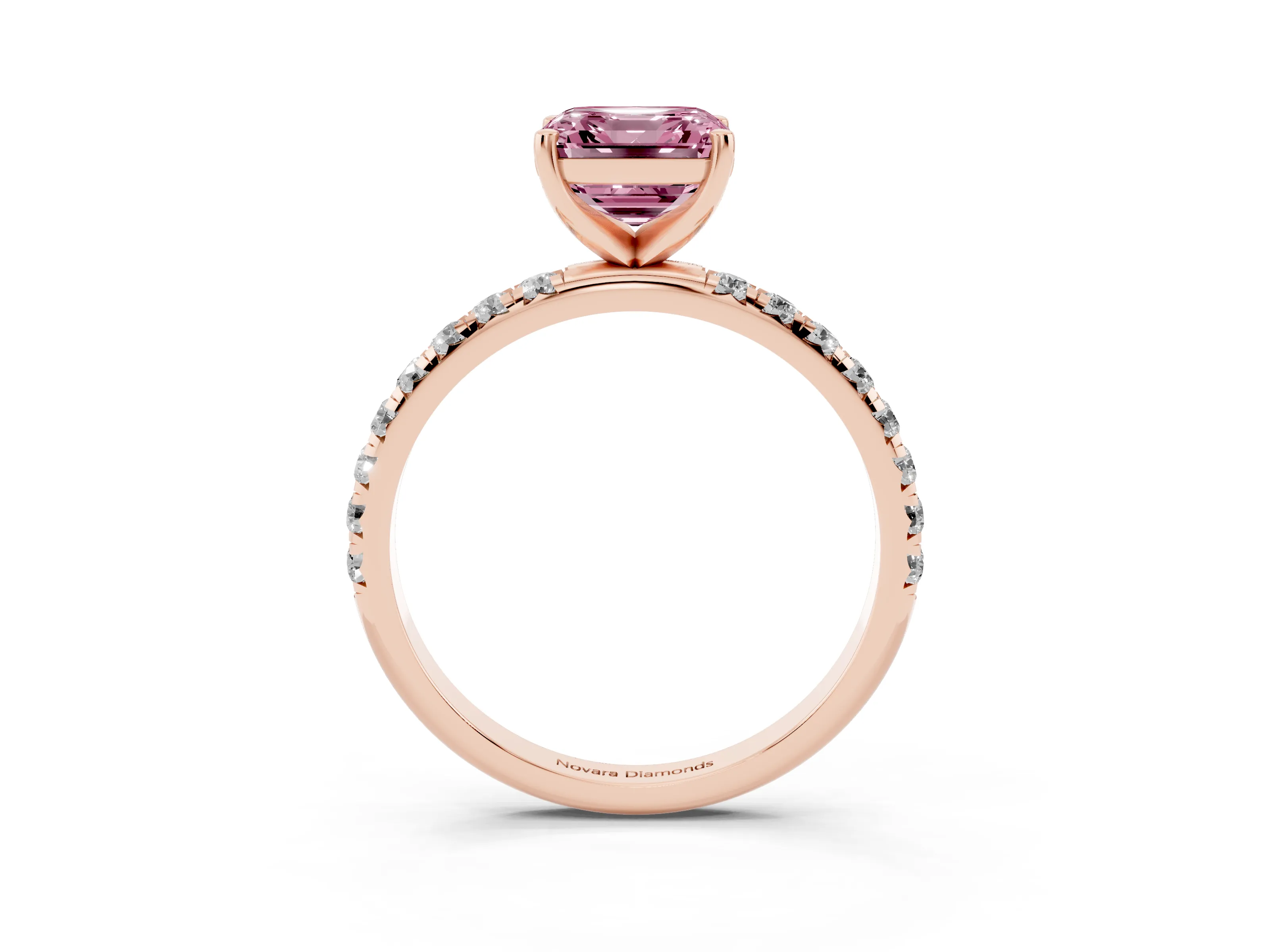 Fancy Pink Asscher Cut Diamond Solitaire Ring Set in Rose gold with Micro Pavé Band and Prong Setting
