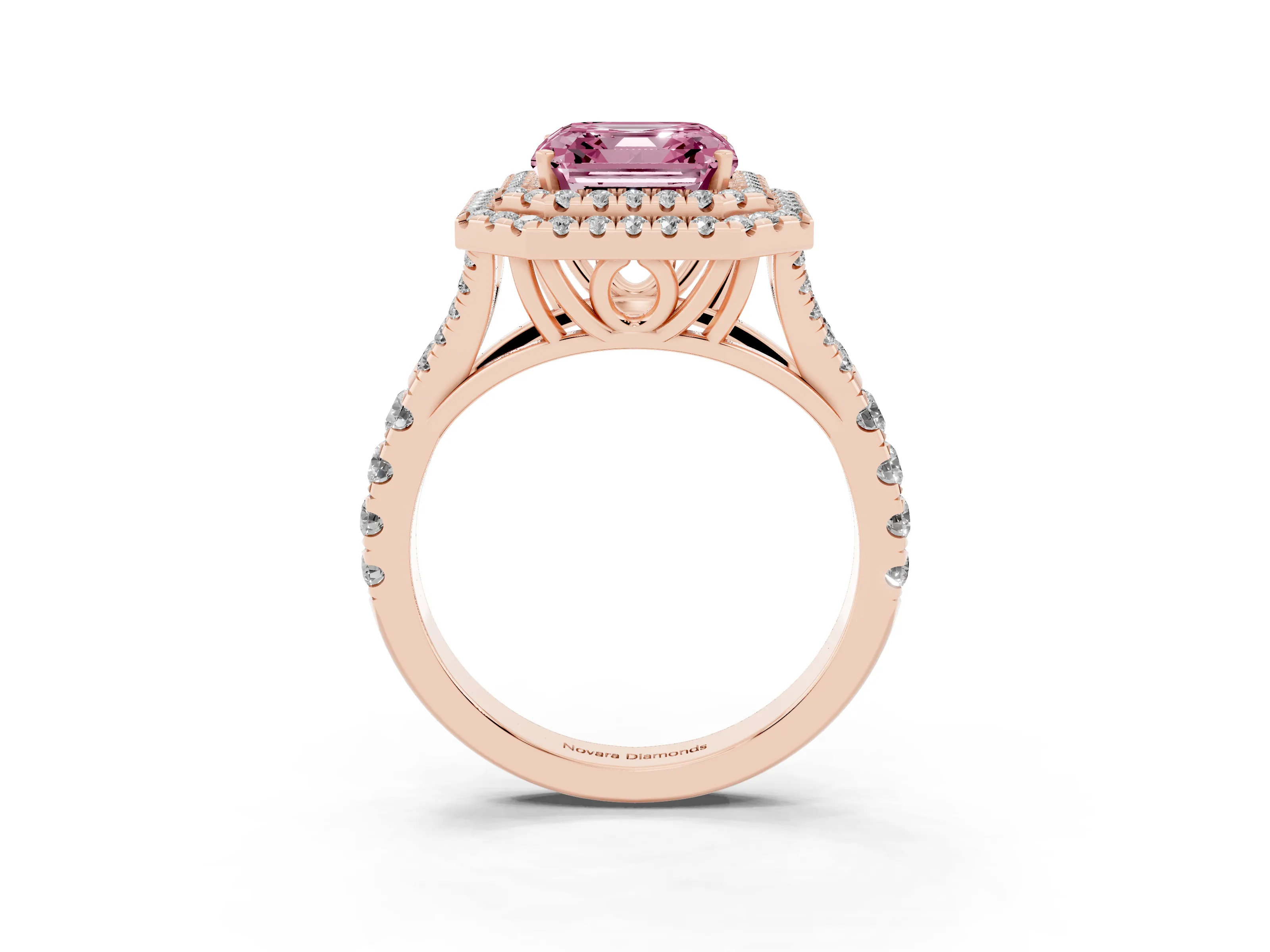 Fancy Pink Asscher Cut Diamond Pavé Split Shank Double Halo Engagement Ring Set in Rose gold