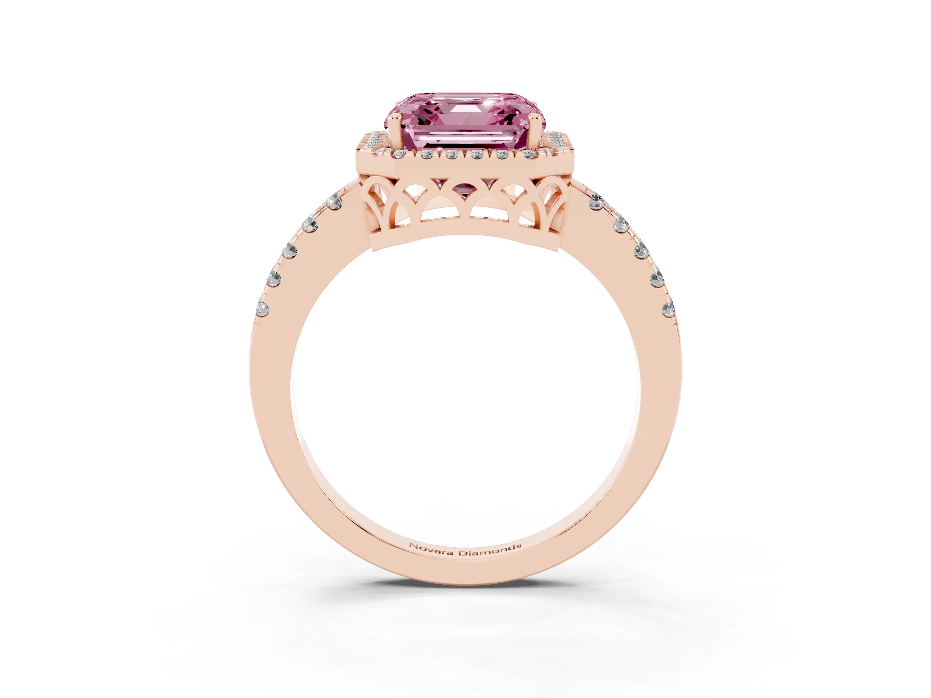 Fancy Pink Asscher Cut Diamond Pavé Band Halo Engagement Ring Set in Rose gold with Prong Setting