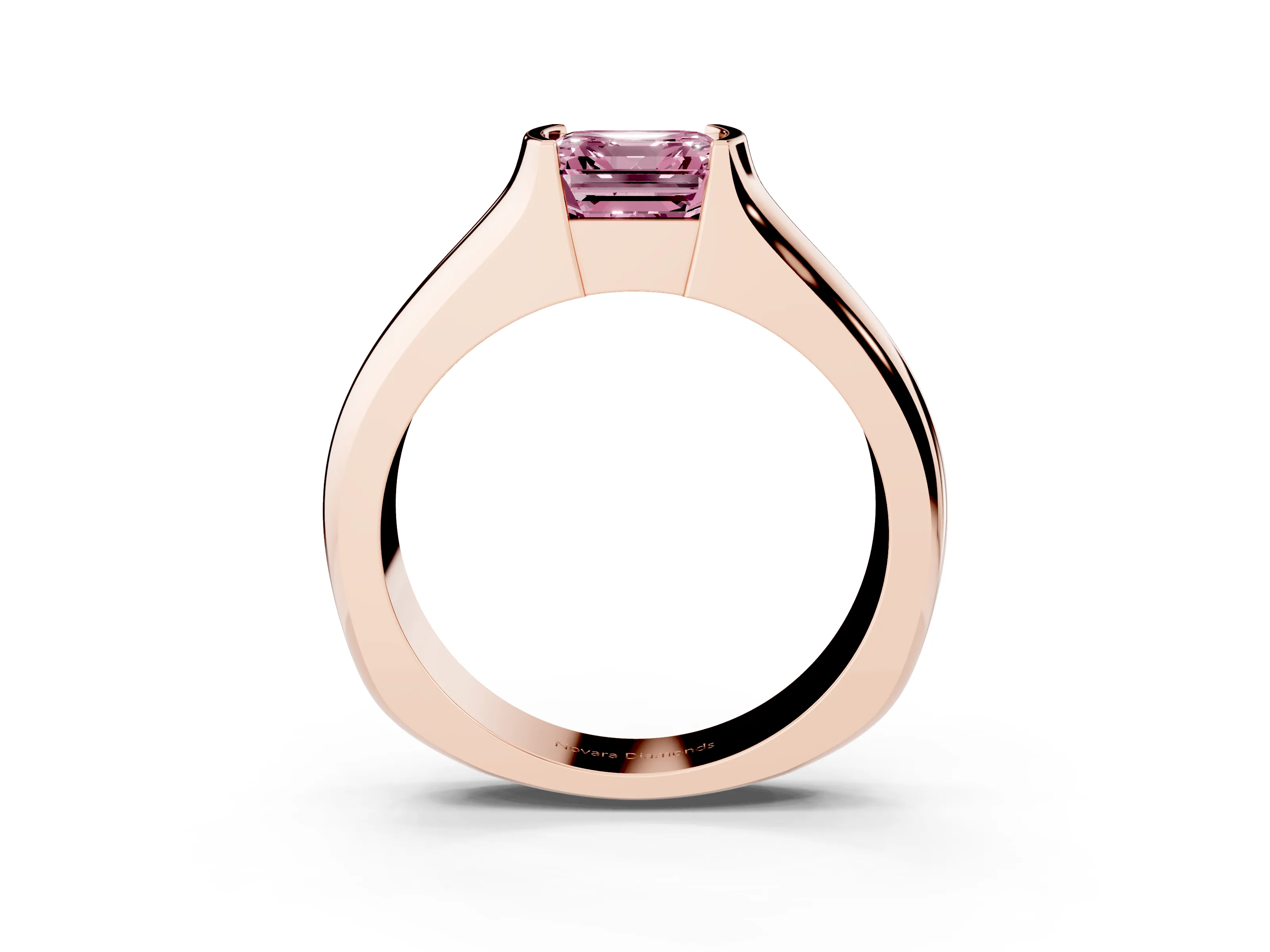 Fancy Pink Asscher Cut Diamond Bezel Solitaire Ring Set in Rose gold with Wide Band