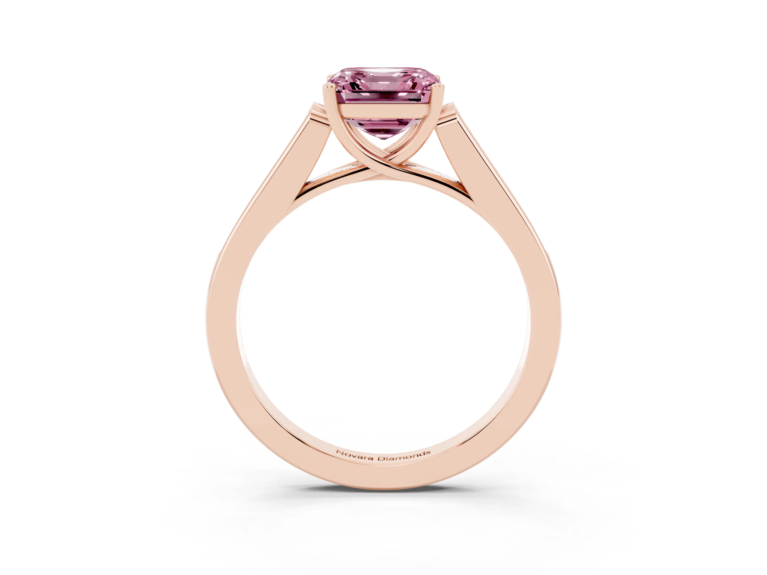 Fancy Pink Asscher Cut Diamond Solitaire Cathedral Engagement Ring Set in Rose gold with Channel-Set Band and Prong Setting